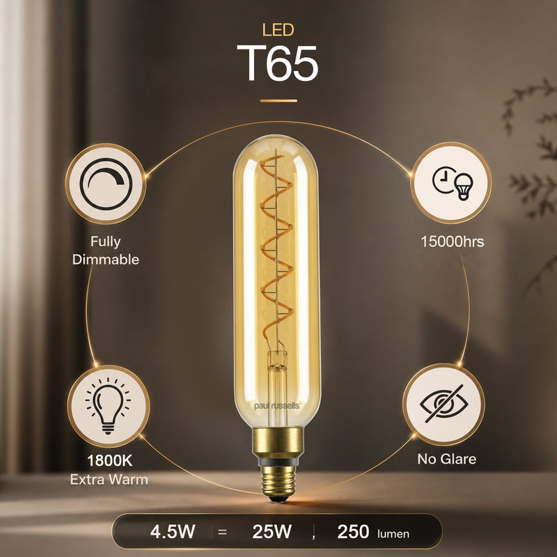 4.5W LED T65, E27, 250lm, Dimmable, 1800K Lit
