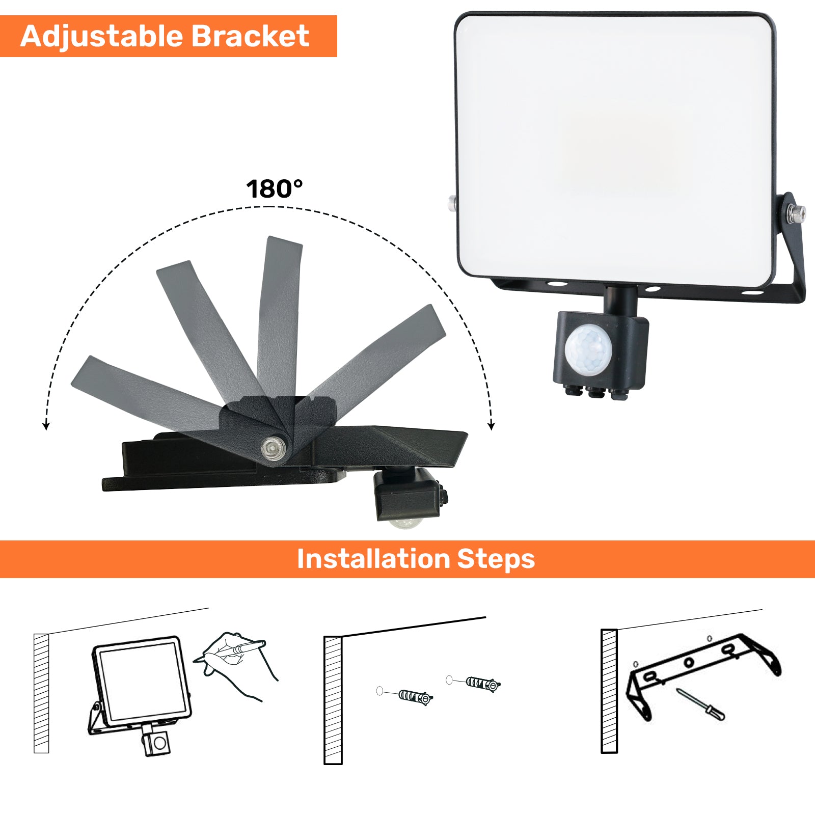 10W Frameless Floodlight, 1200lm, 6500K, PIR, IP65