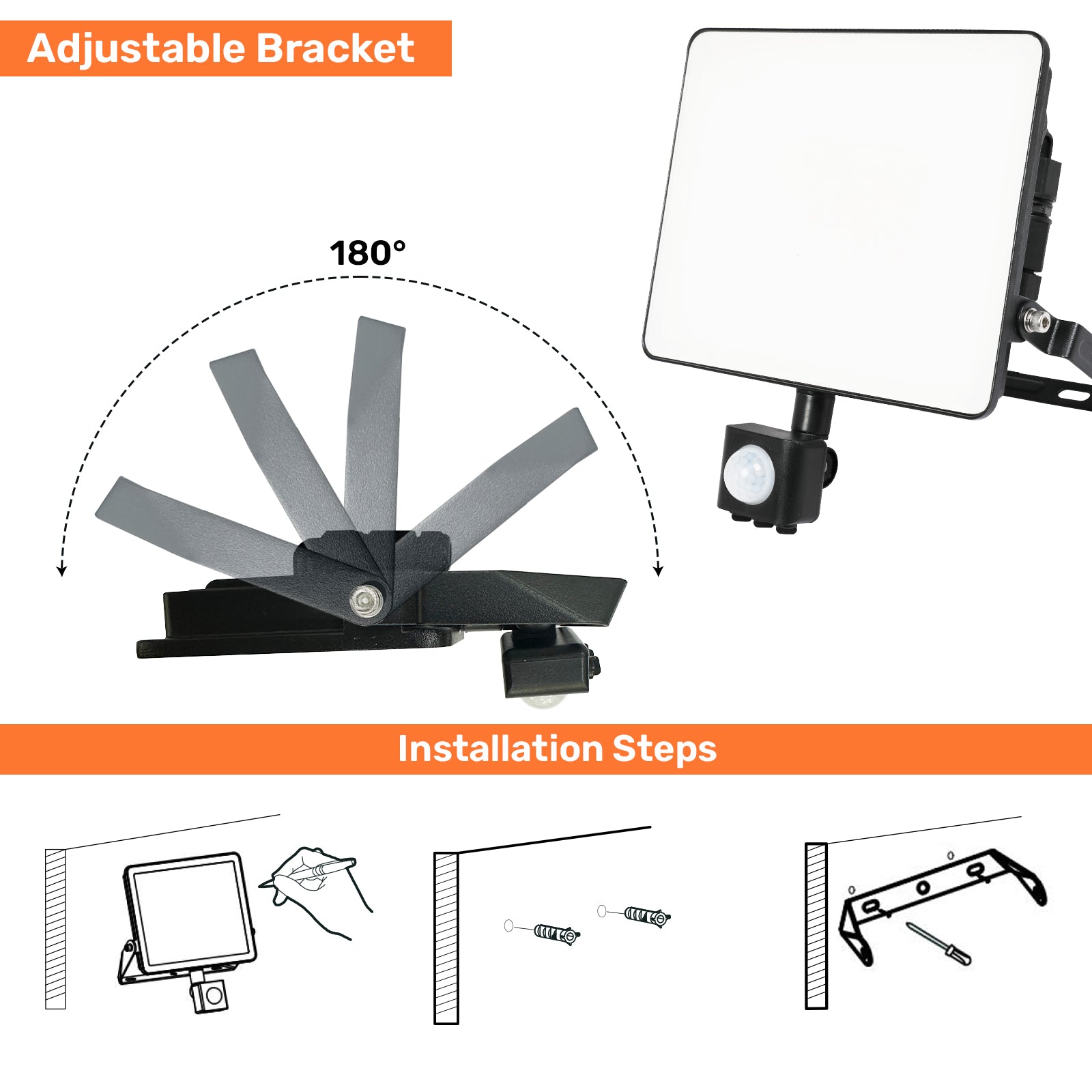 50W Frameless Floodlight, 6000lm, 6500K, PIR, IP65