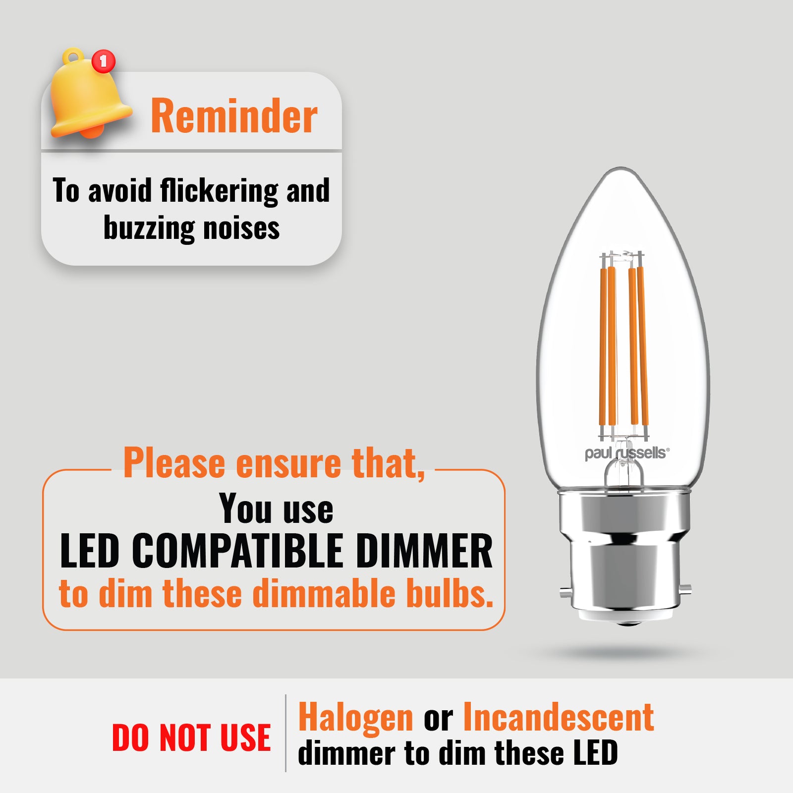 LED Dimmable Filament Candle 4.5W (40w), BC/B22, 423 Lumens, Warm White(2700K), 240V