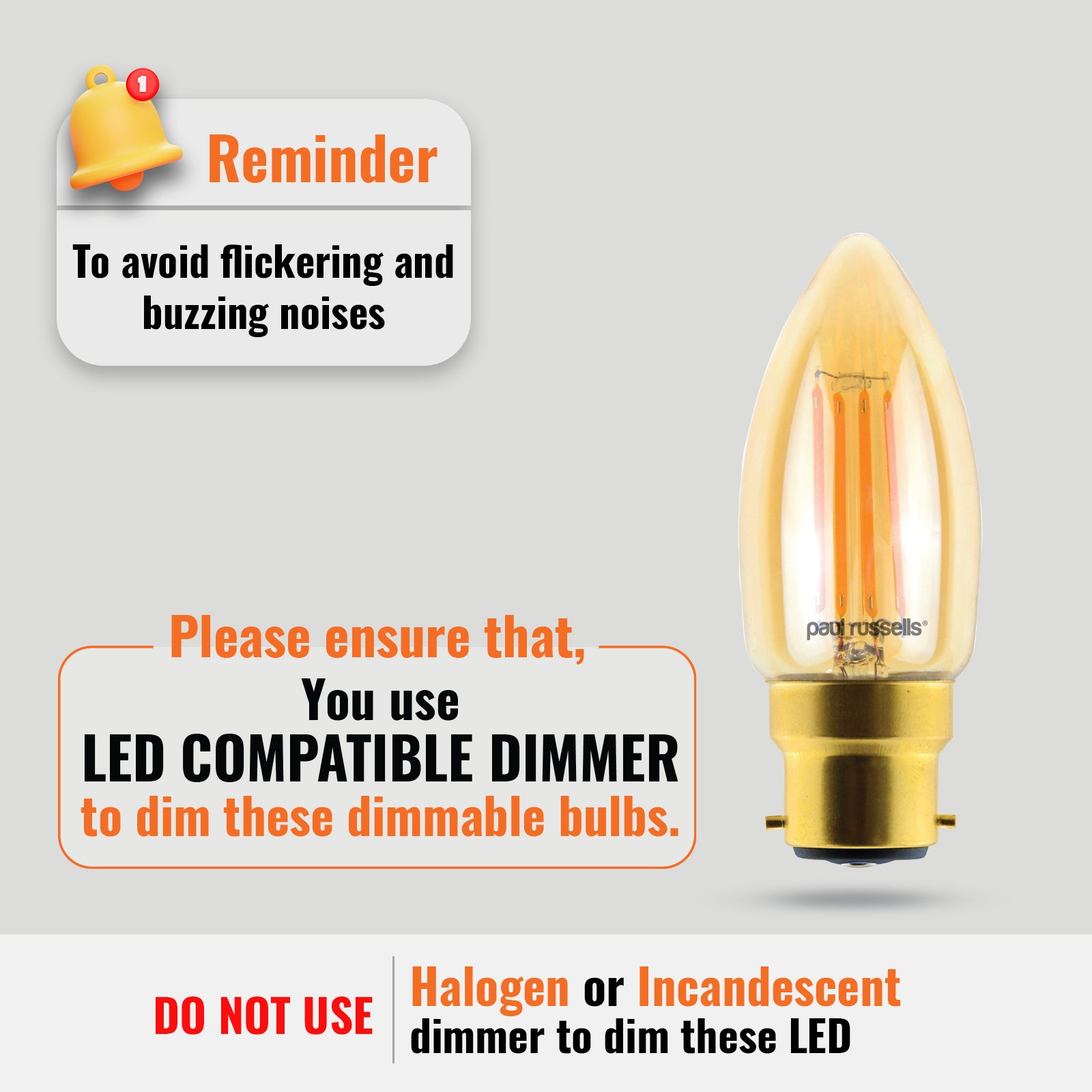 LED Dimmable Filament Candle 4.5W (40w), BC/B22, 423 Lumens, Extra Warm White(2200K), 240V