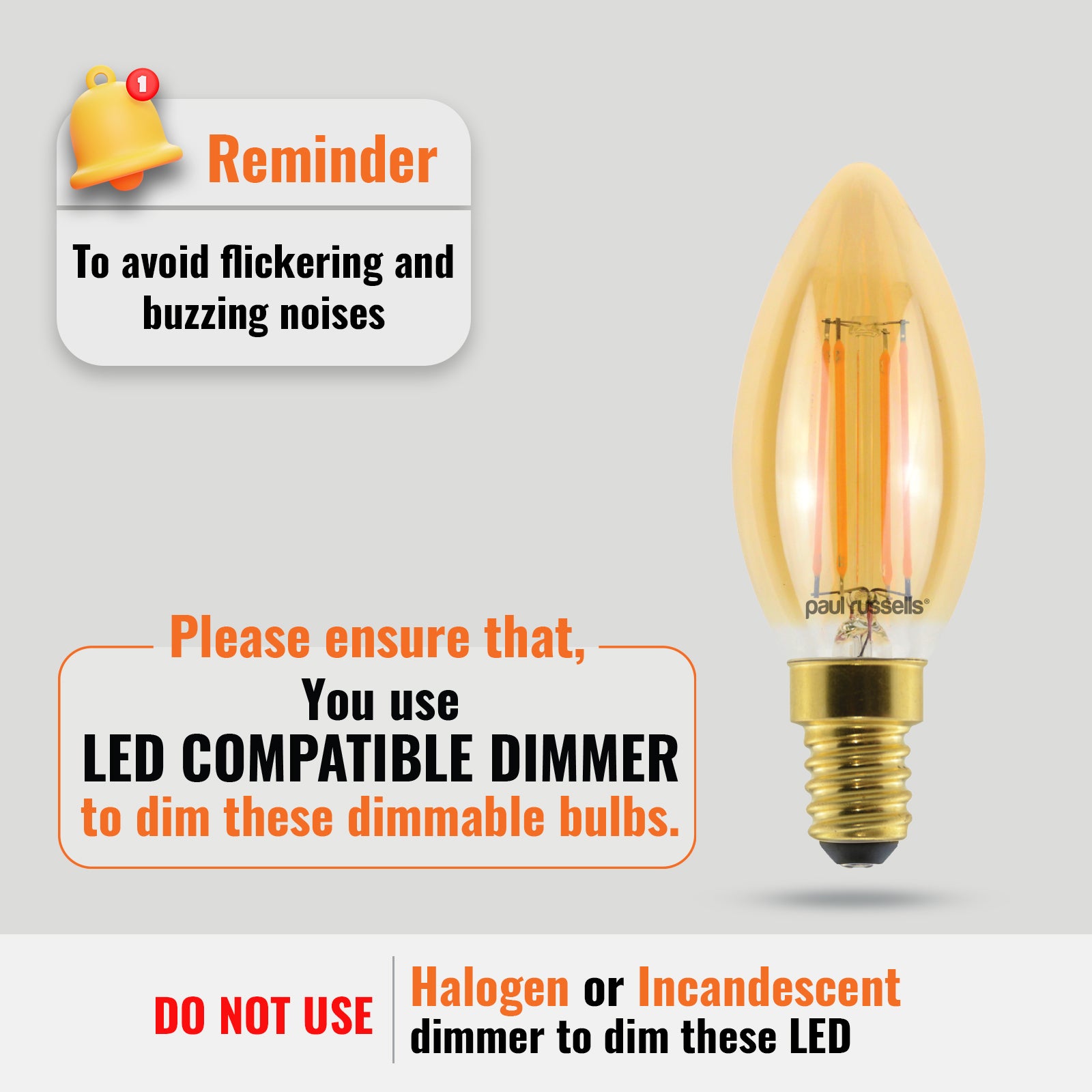 LED Dimmable Filament Candle 4.5W (40w), SES/E14, 423 Lumens, Extra Warm White(2200K), 240V