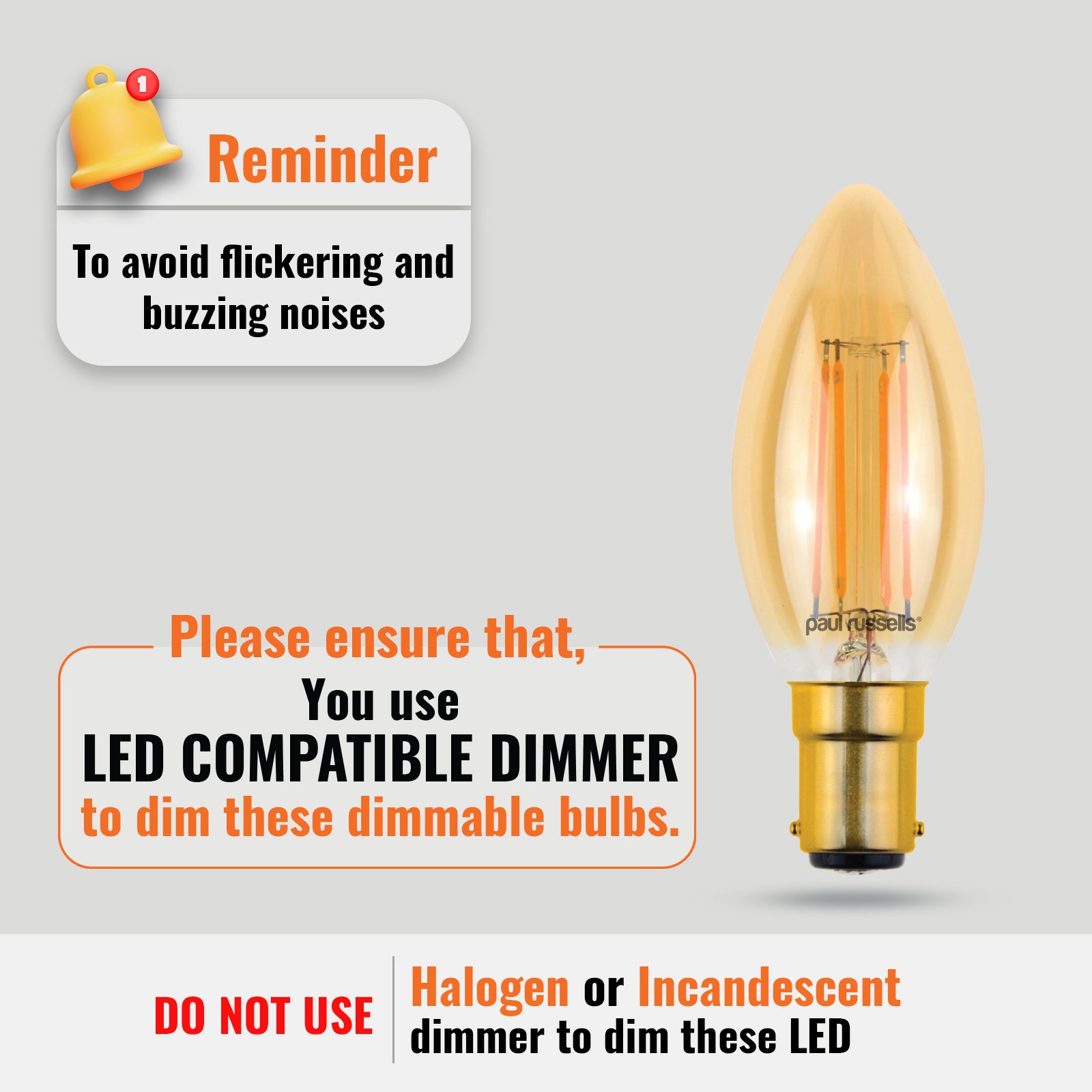 LED Dimmable Filament Candle 4.5W (40w), SBC/B15, 423 Lumens, Extra Warm White(2200K), 240V