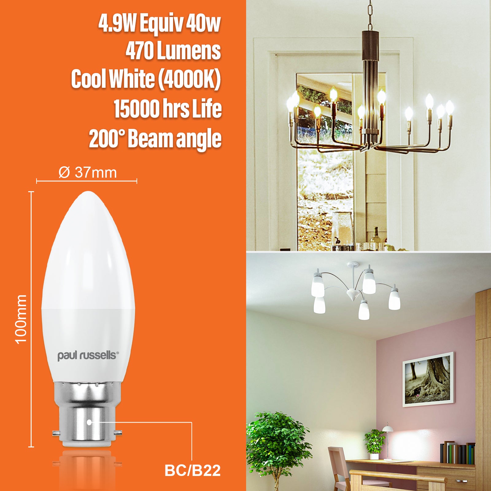 LED Candle 4.9W (40w), BC/B22, 470 Lumens, Cool White(4000K), 240V