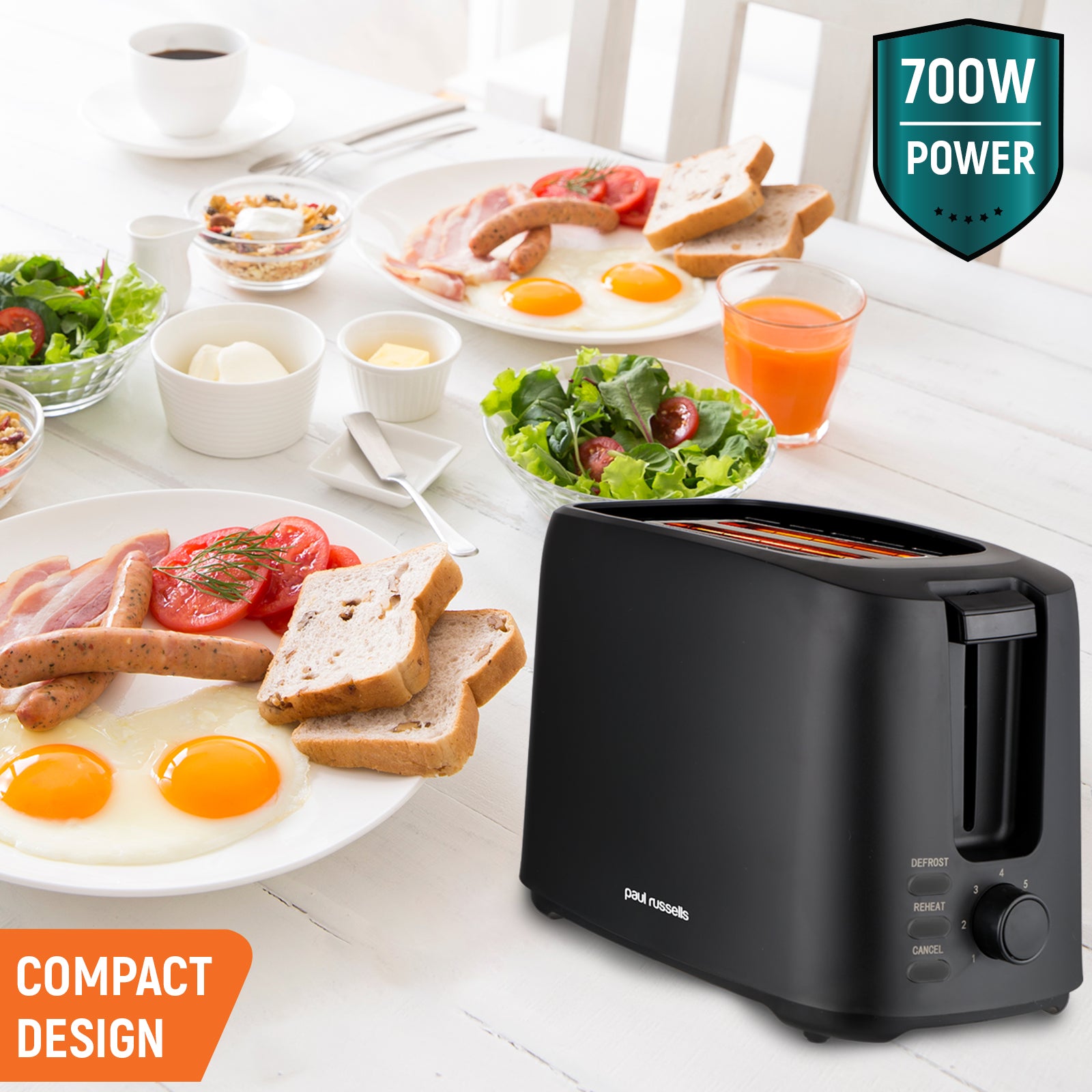 Electric Toaster, 700W, Black, 7-Setting Browning Control, Cord Storage Function, Removable Crumbs Tray