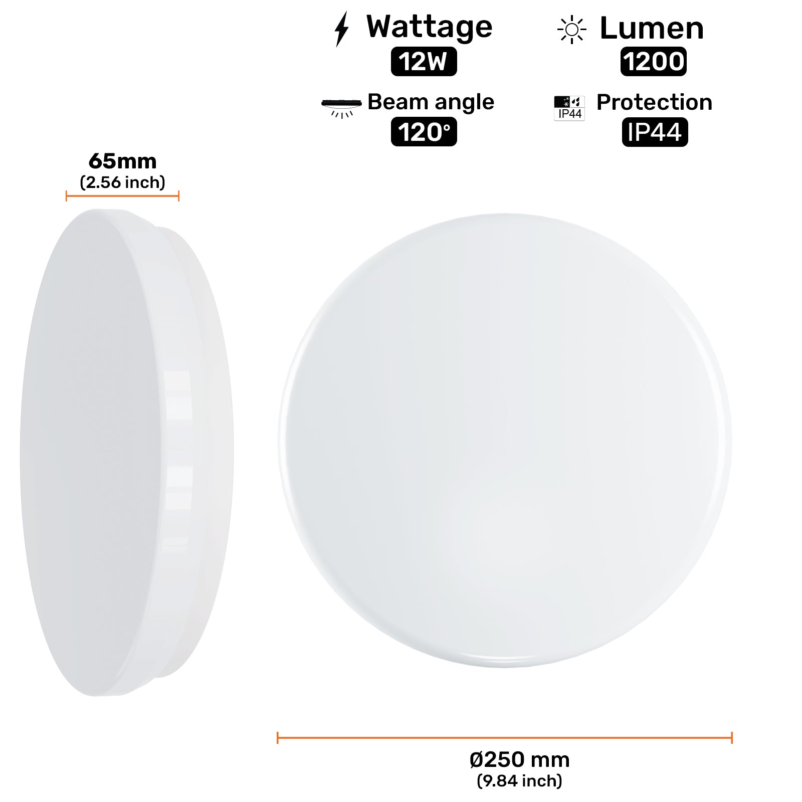 12W, LED Round Ceiling Downlights, IP44, 1200 Lumens, 6500K Day Light, Non-Dimmable Panel Spotlights