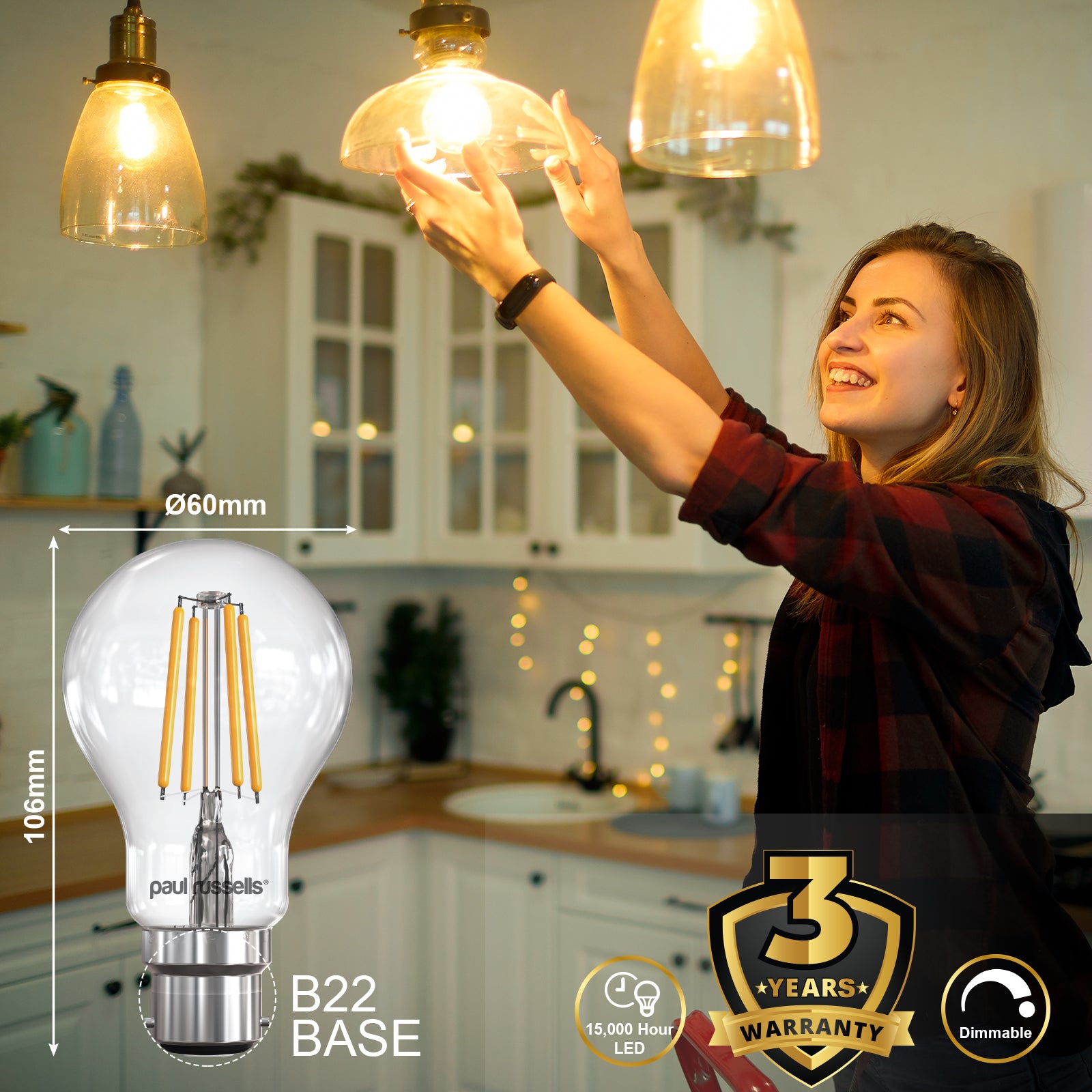 LED Dimmable Filament GLS 7W (60w), BC/B22, 806 Lumens, Warm White(2700K), 240V
