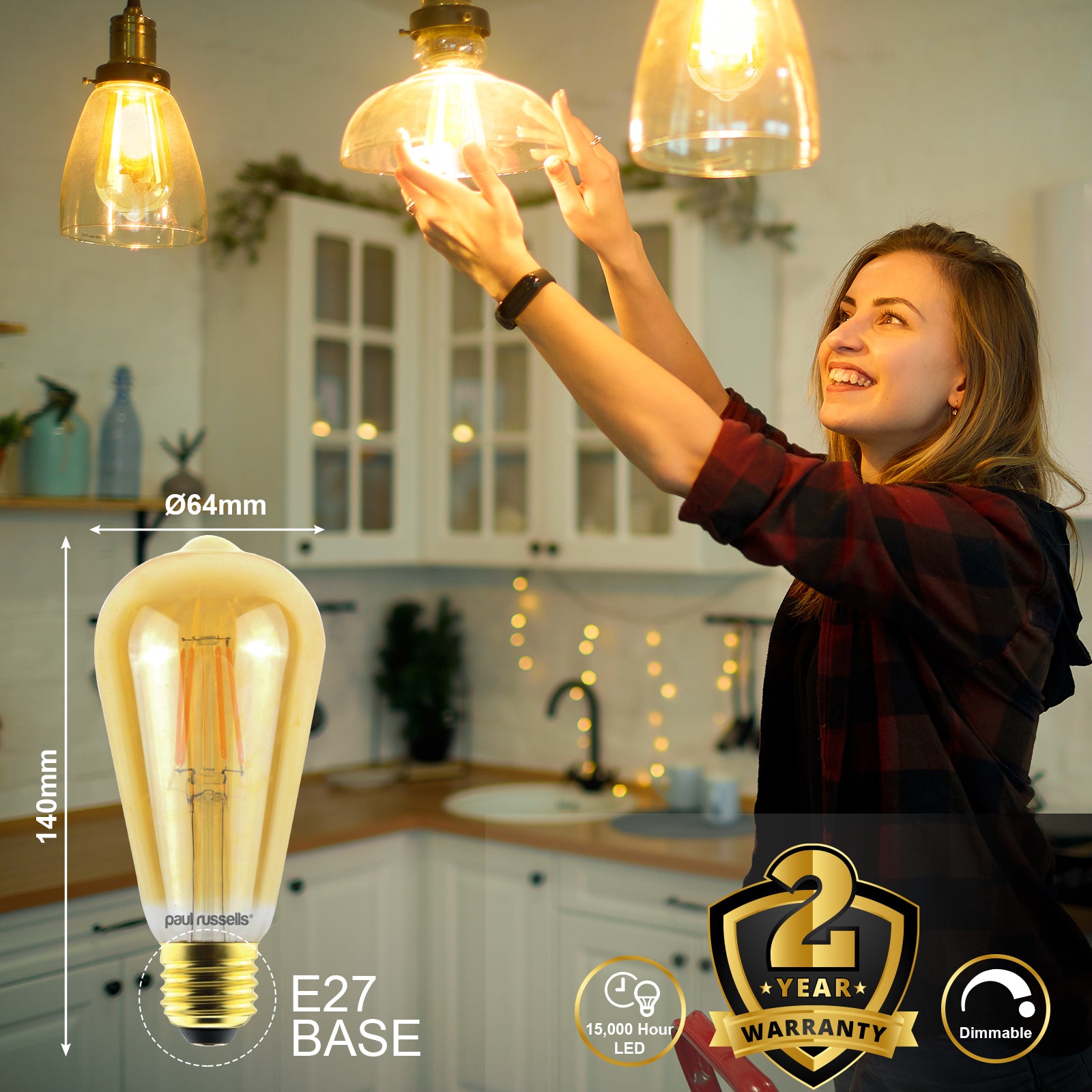LED Dimmable Filament ST64 7W (60w), ES/E27, 725 Lumens, Extra Warm White(2200K), 240V