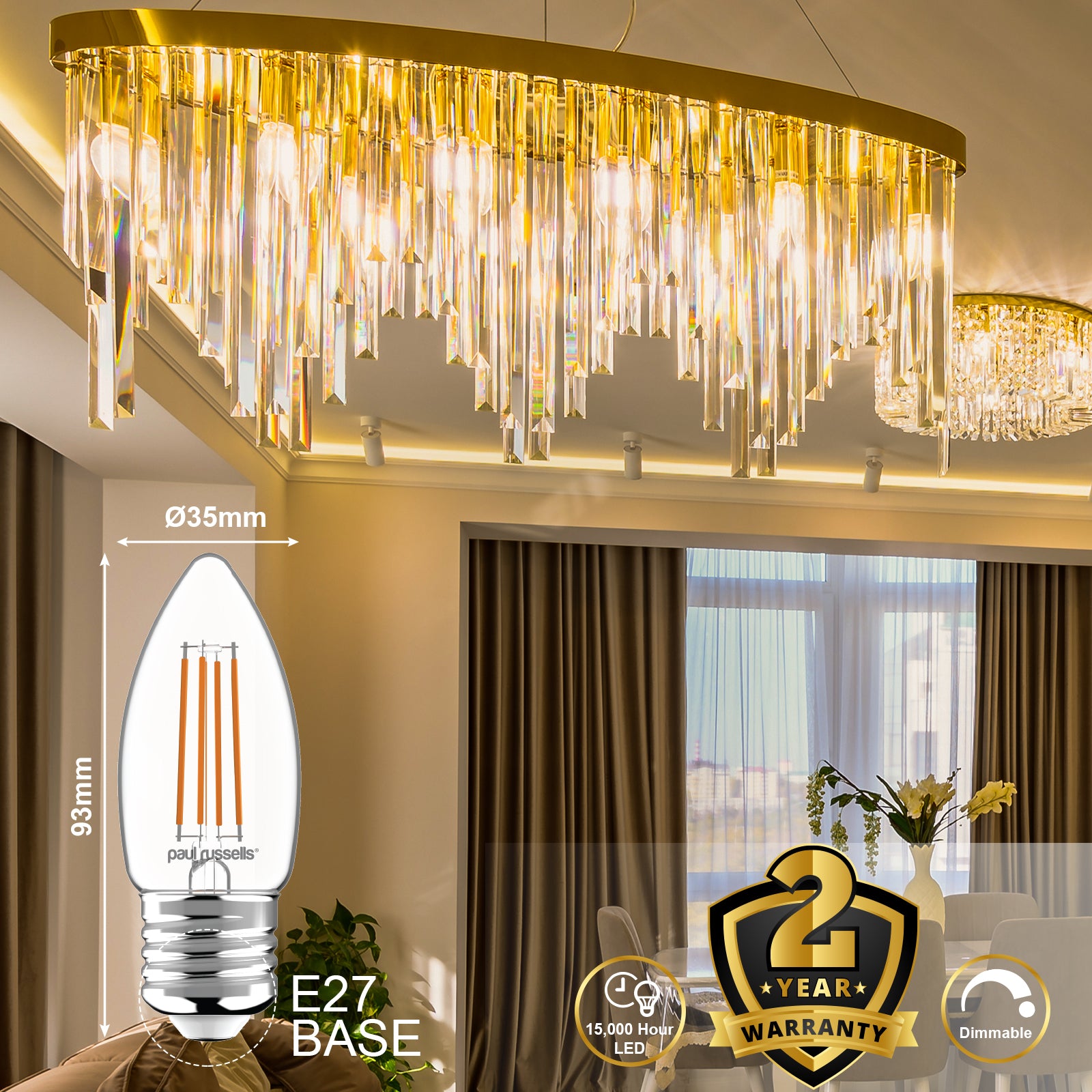 LED Dimmable Filament Candle 4.5W (40w), ES/E27, 423 Lumens, Warm White(2700K), 240V