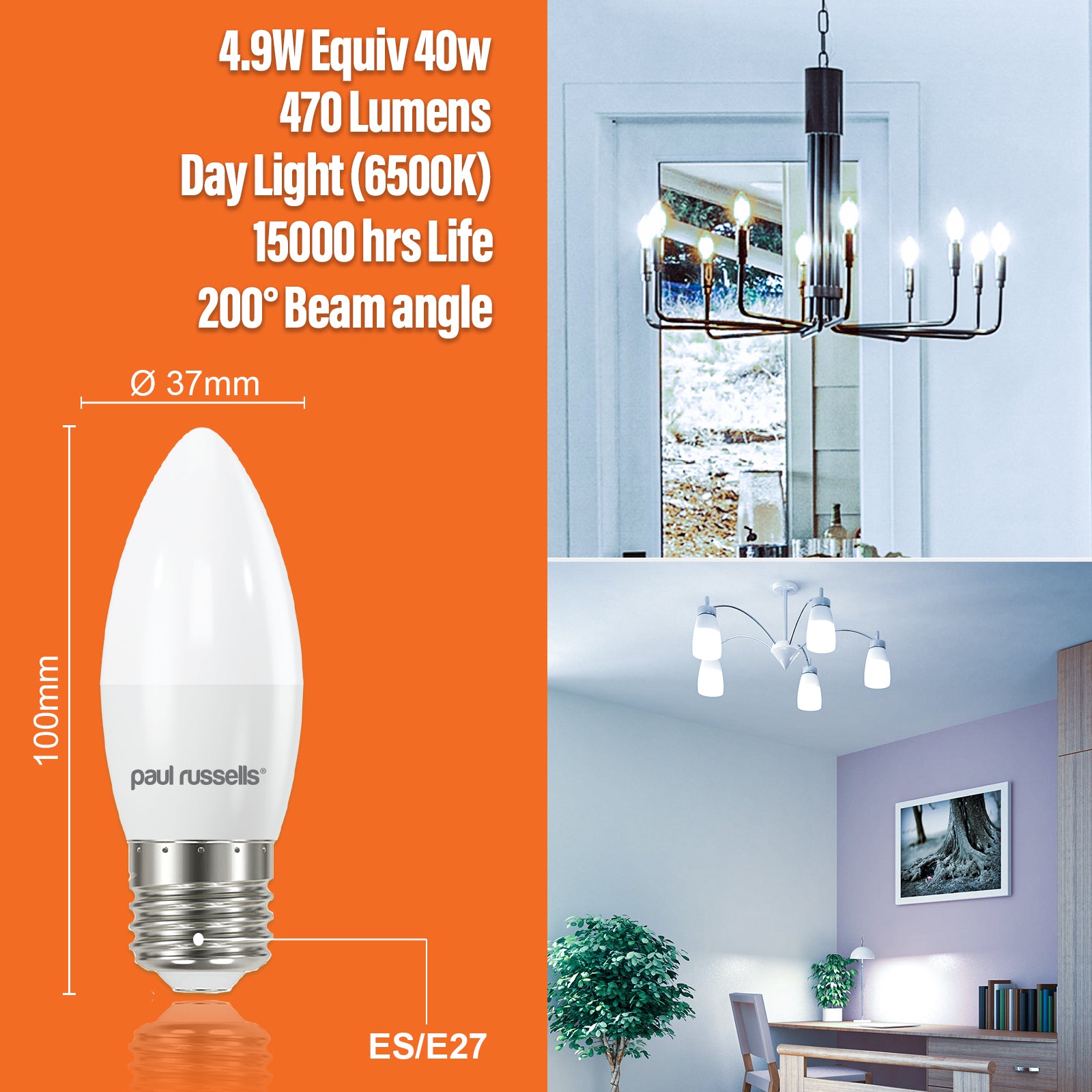 LED Candle 4.9W (40w), ES/E27, 470 Lumens, Day Light(6500K), 240V