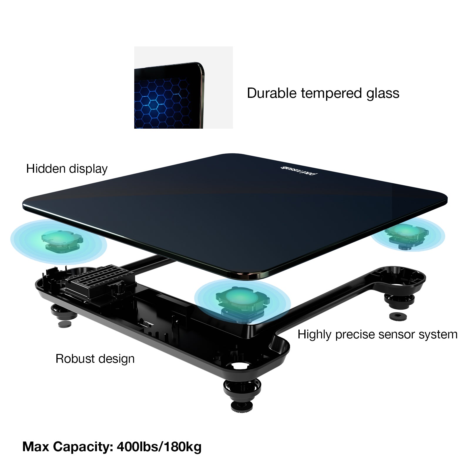 Digital Glass Electronic Scale 180KG Body Weight Weighing Scale with Magic LED Display Black