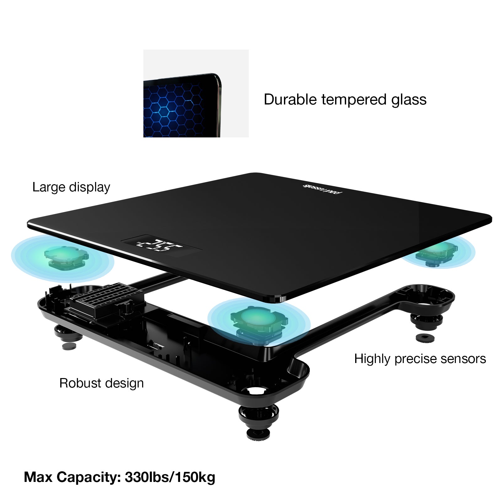 Digital Glass Electronic Scale 150KG Body Weight Weighing Scale with Compact Design Black