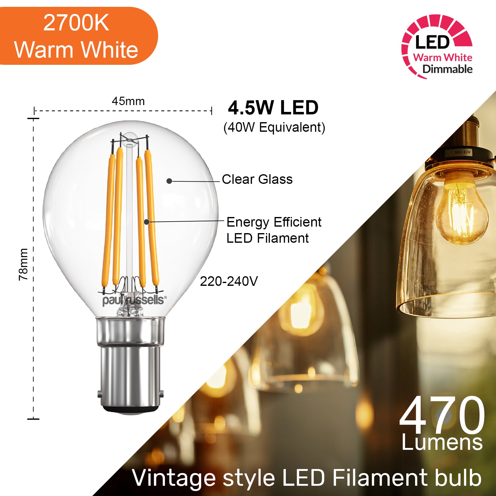 LED Filament Dimmable Golf 4.5W (40w), SBC/B15, 470 Lumens, Warm White(2700K), 240V