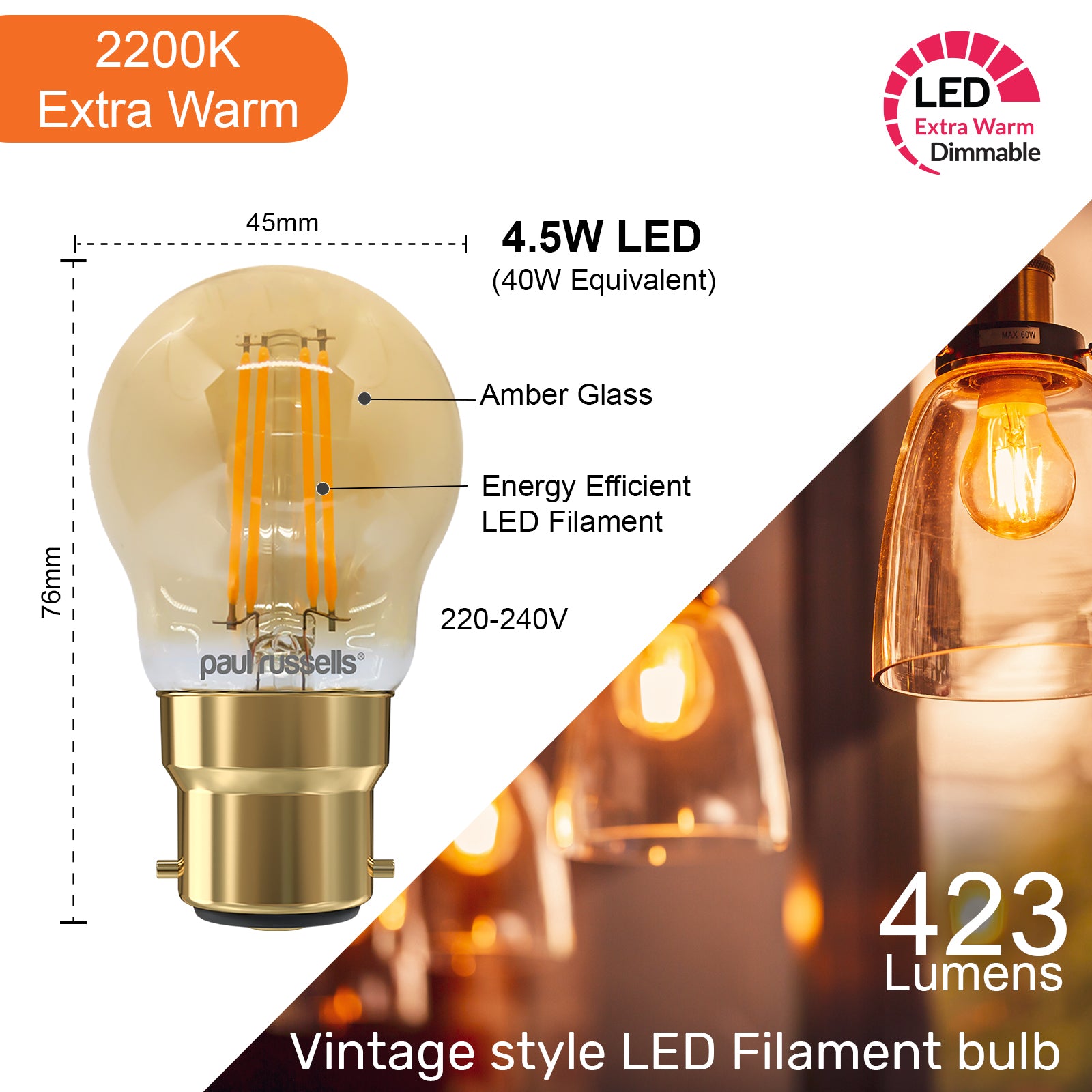 LED Filament Dimmable Golf 4.5W (40w), BC/B22, 470 Lumens, Extra Warm White(2200K), 240V