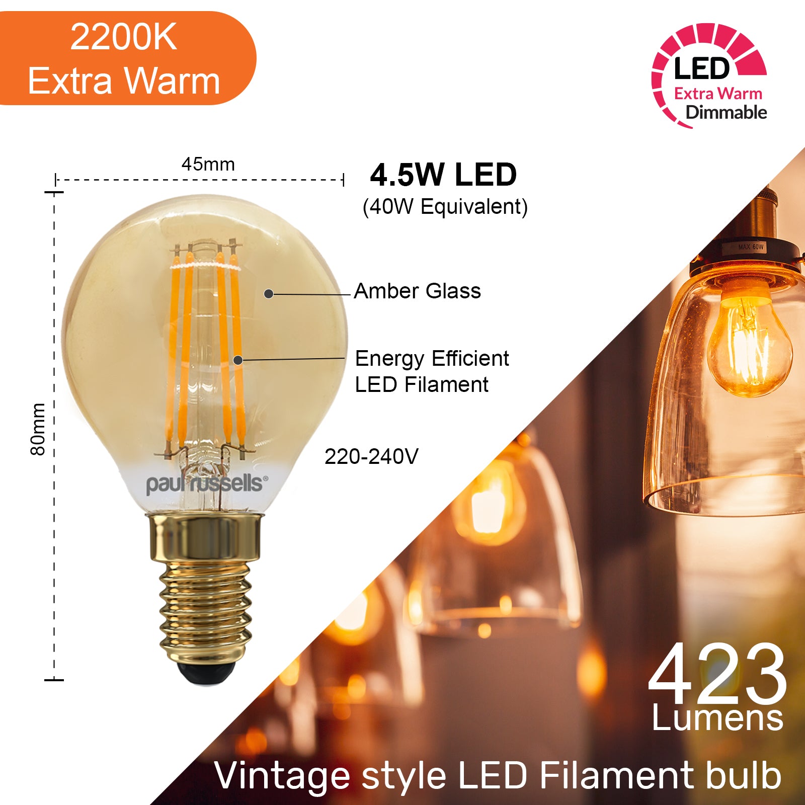 LED Filament Dimmable Golf 4.5W (40w), SES/E14, 470 Lumens, Extra Warm White(2200K), 240V