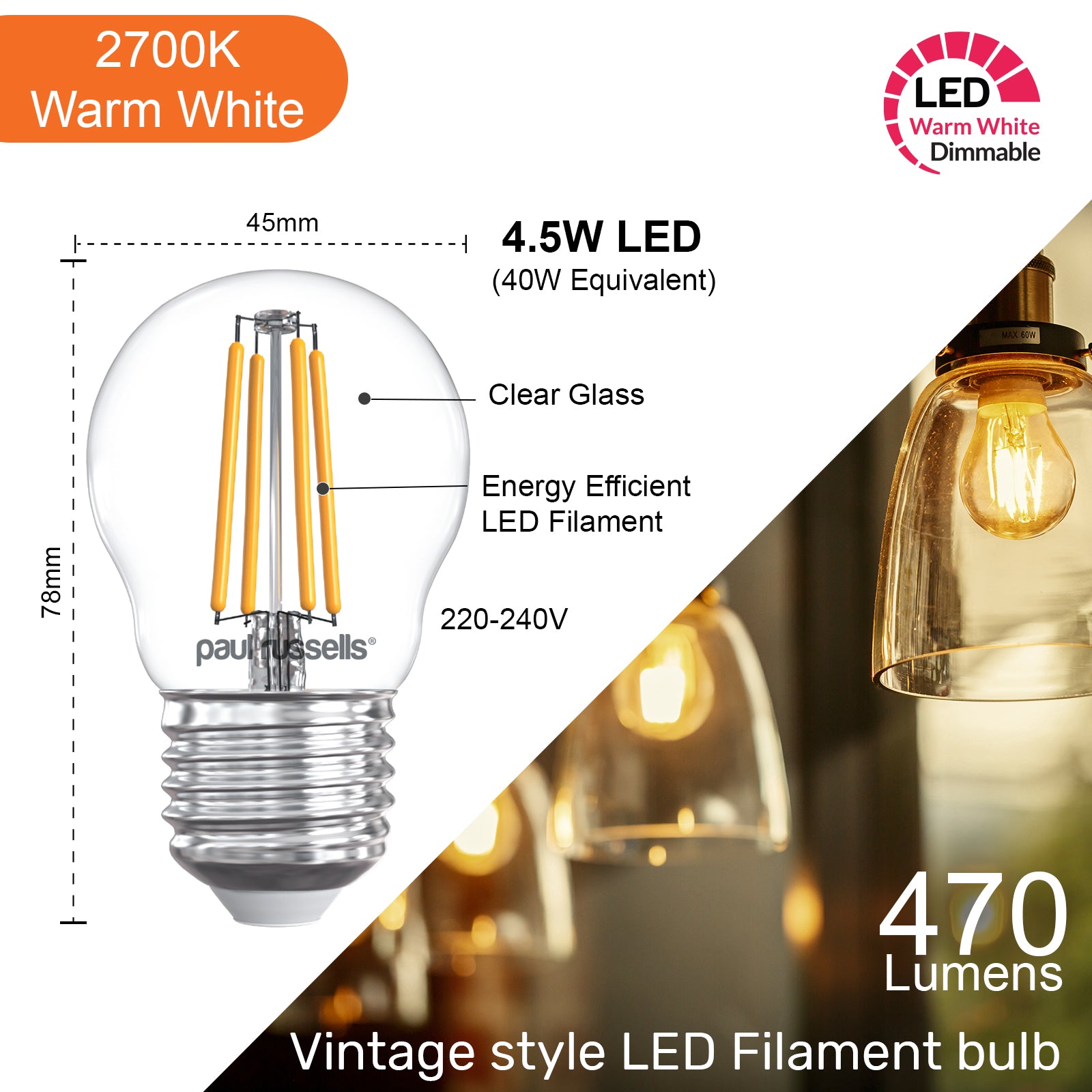 LED Filament Dimmable Golf 4.5W (40w), ES/E27, 470 Lumens, Warm White (2700K), 240V