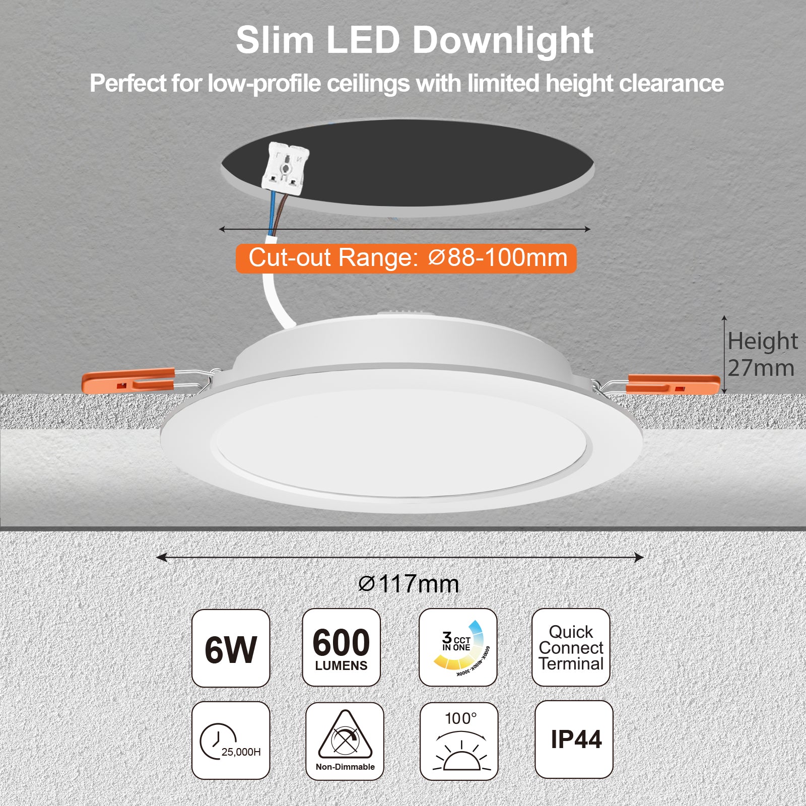 6W LED Round Ceiling Downlights – 600 Lumens, CCT Switchable (3000K/4000K/6500K), IP44 Rated Panel Spotlights