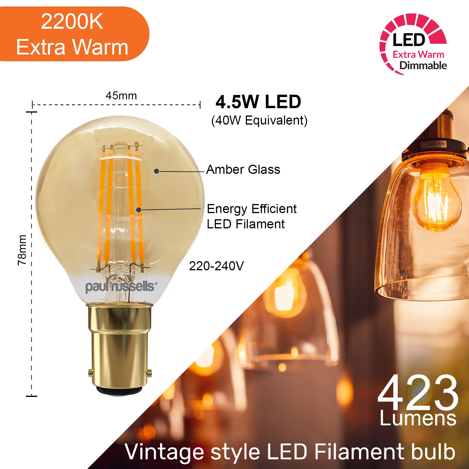 LED Filament Dimmable Golf 4.5W (40w), SBC/B15, 470 Lumens, Extra Warm White(2200K), 240V