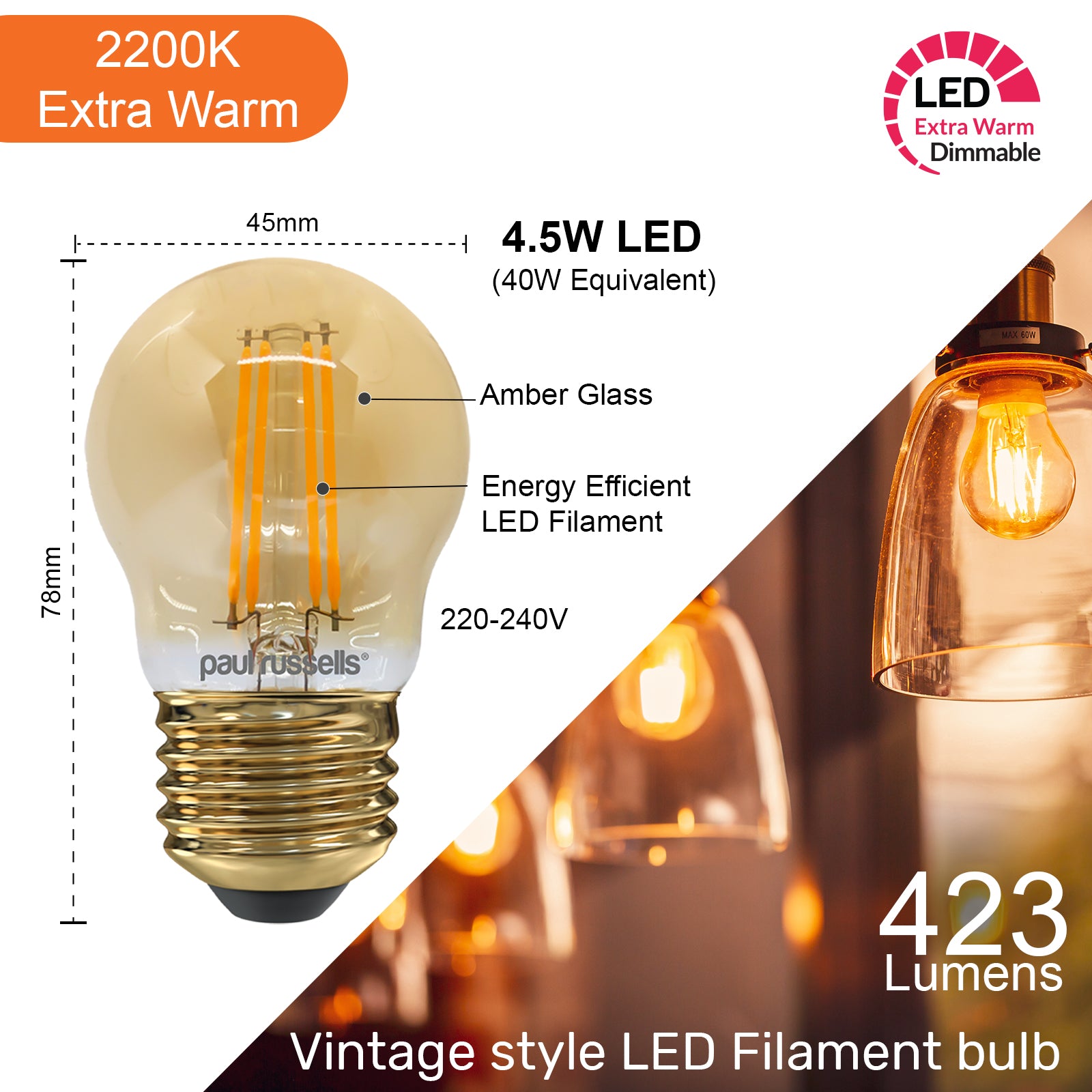 LED Filament Dimmable Golf 4.5W (40w), ES/E27, 470 Lumens, Extra Warm White(2200K), 240V