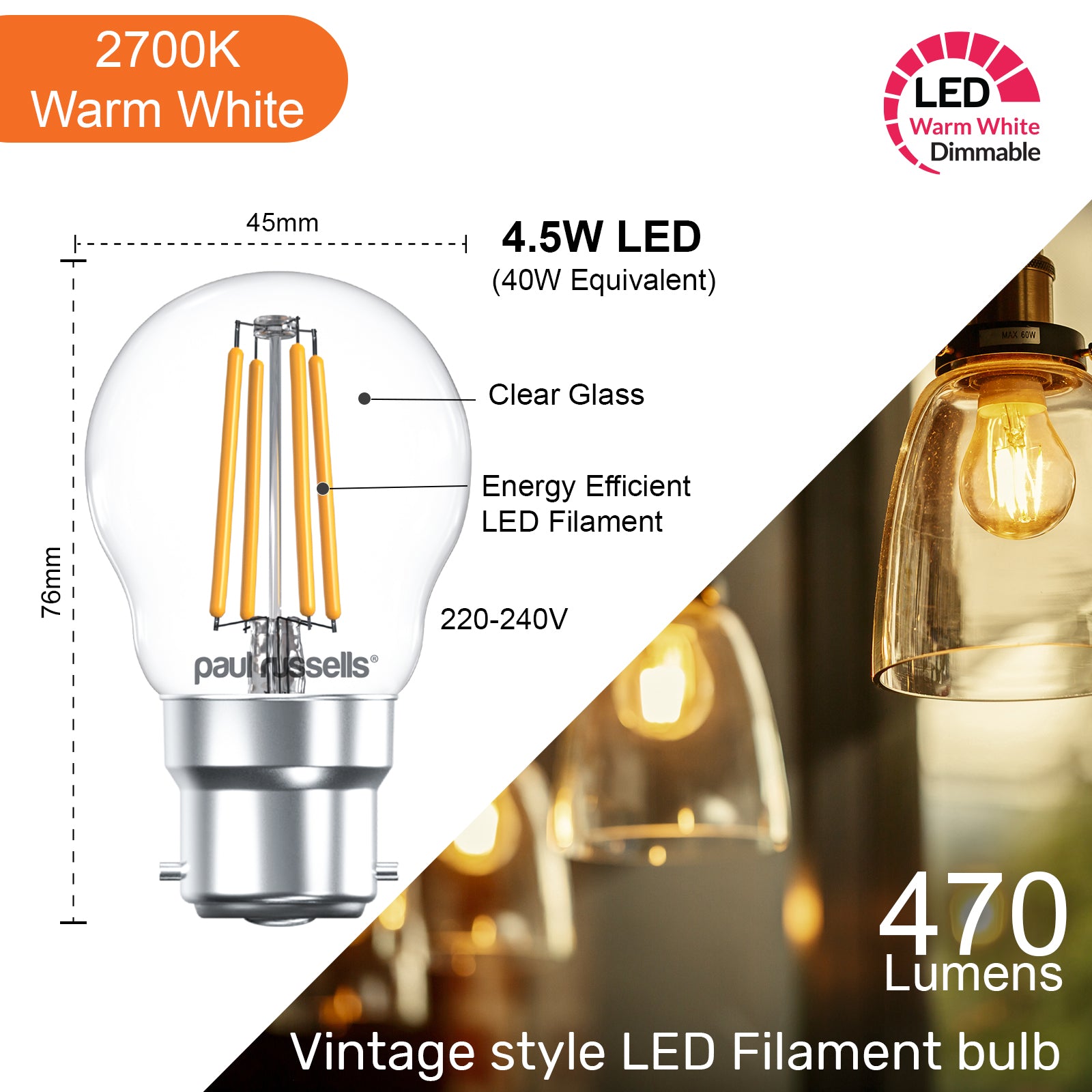 LED Filament Dimmable Golf 4.5W (40w), BC/B22, 470 Lumens, Warm White (2700K), 240V