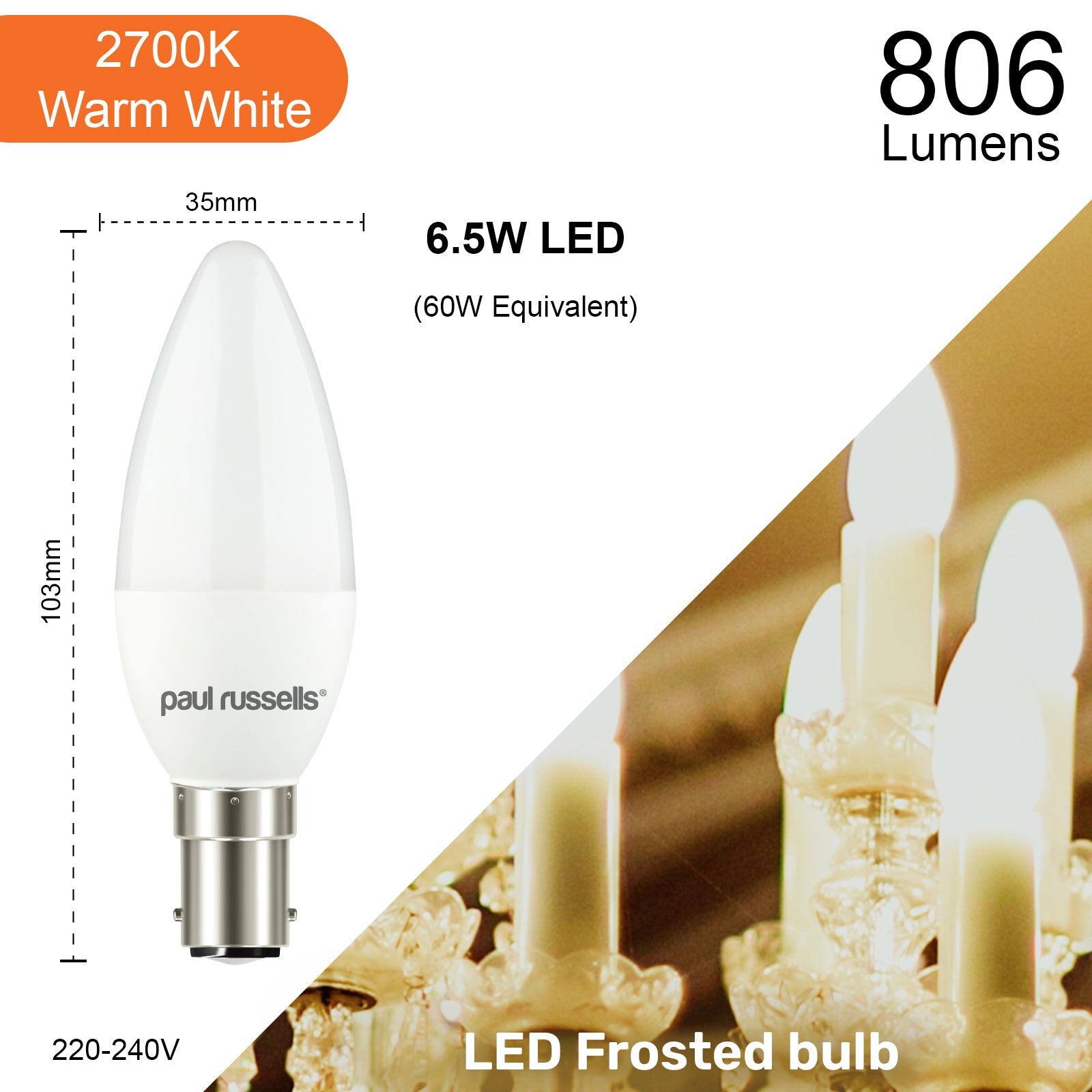 LED Candle 6.5W (60w), SBC/B15, 806 Lumens, Warm White(3000K), 240V