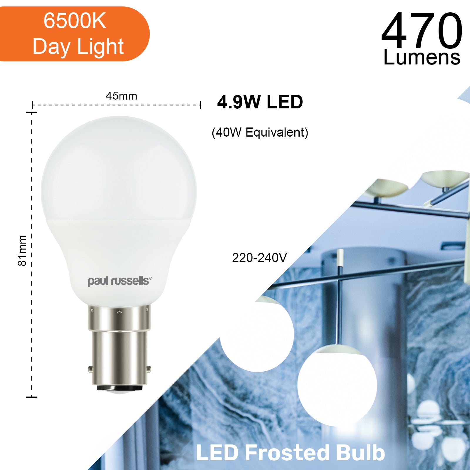 LED Golf 4.9W (40w), SBC/B15, 470 Lumens, Day Light(6500K), 240V