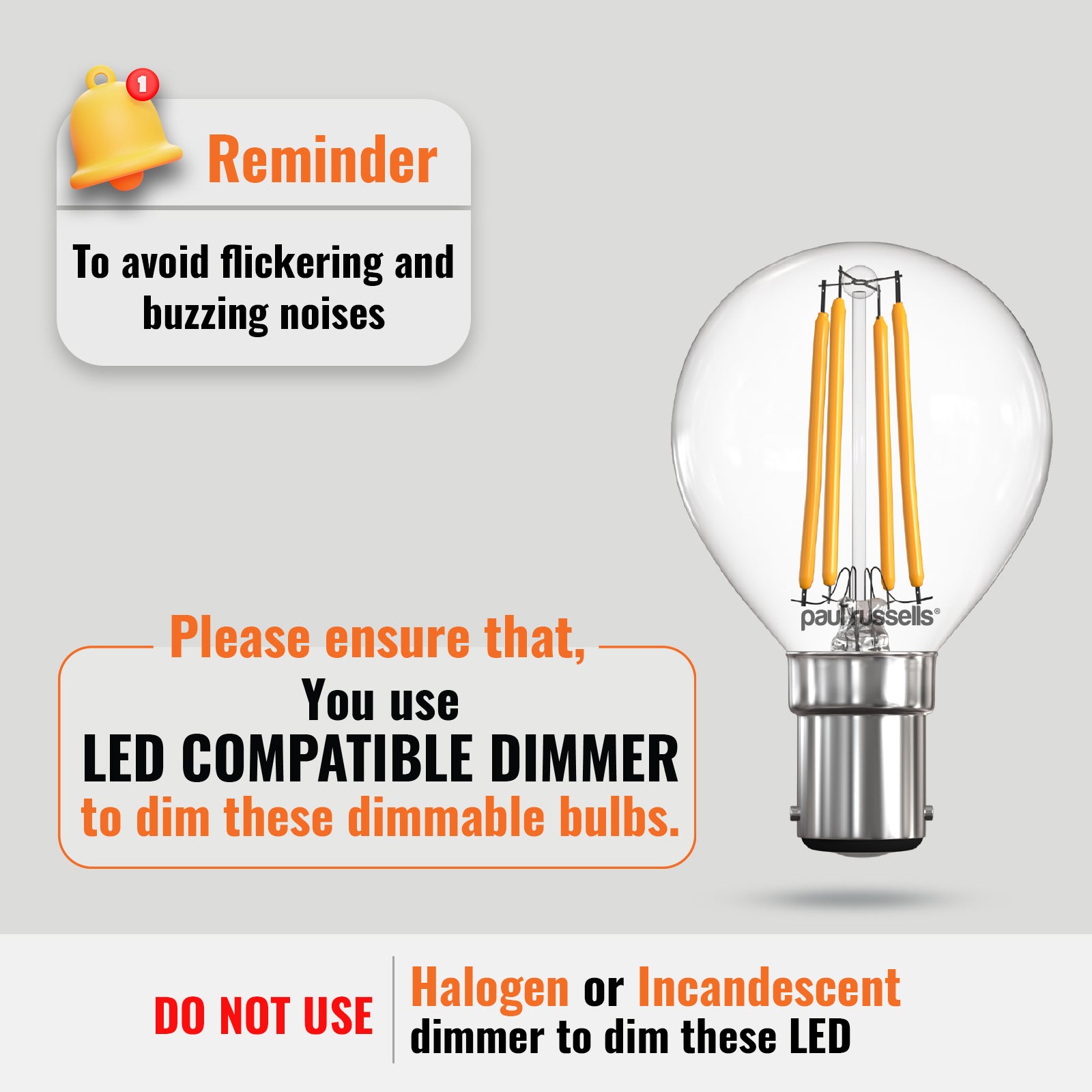 LED Filament Dimmable Golf 4.5W (40w), SBC/B15, 470 Lumens, Warm White(2700K), 240V