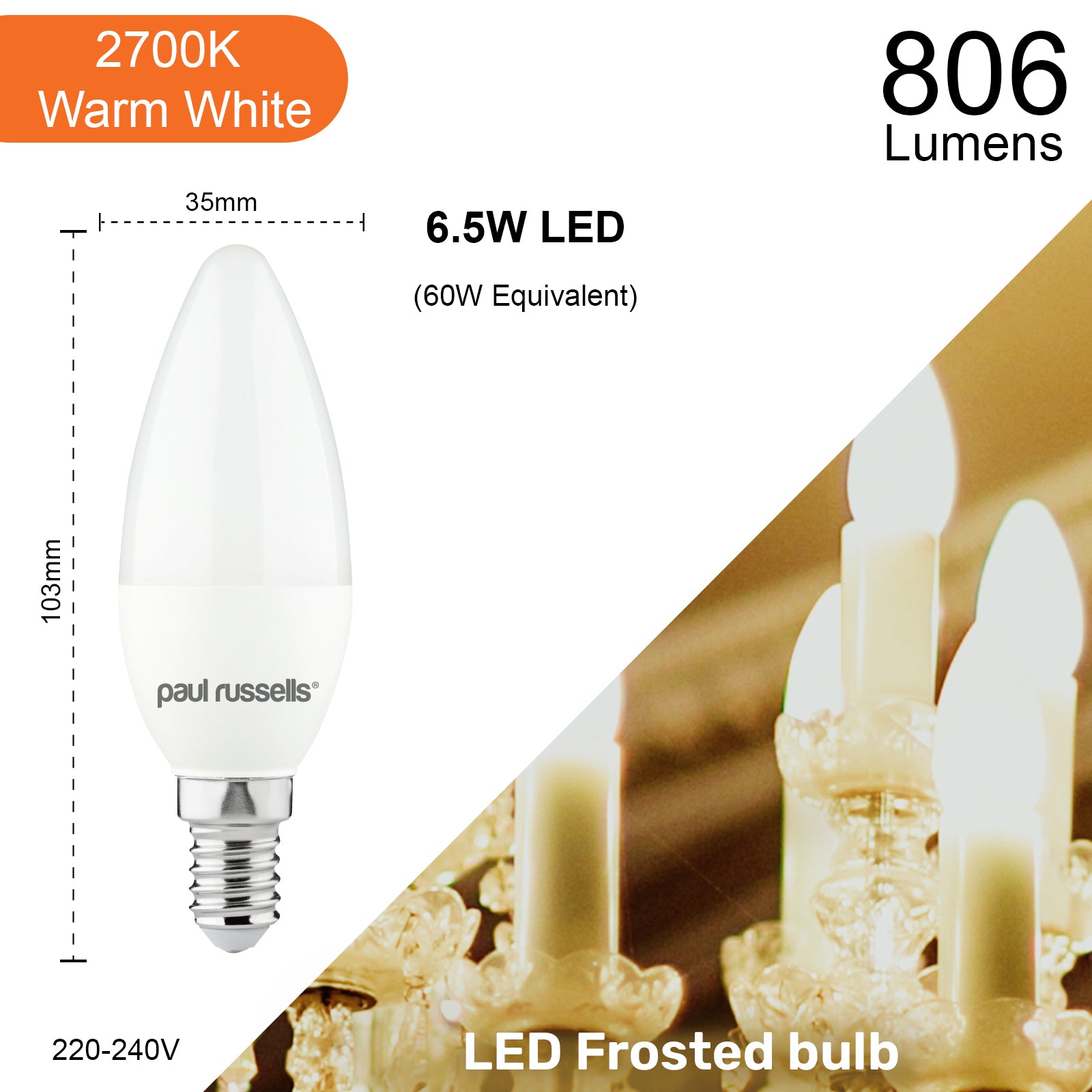 LED Candle 6.5W (60w), SES/E14, 806 Lumens, Warm White(3000K), 240V