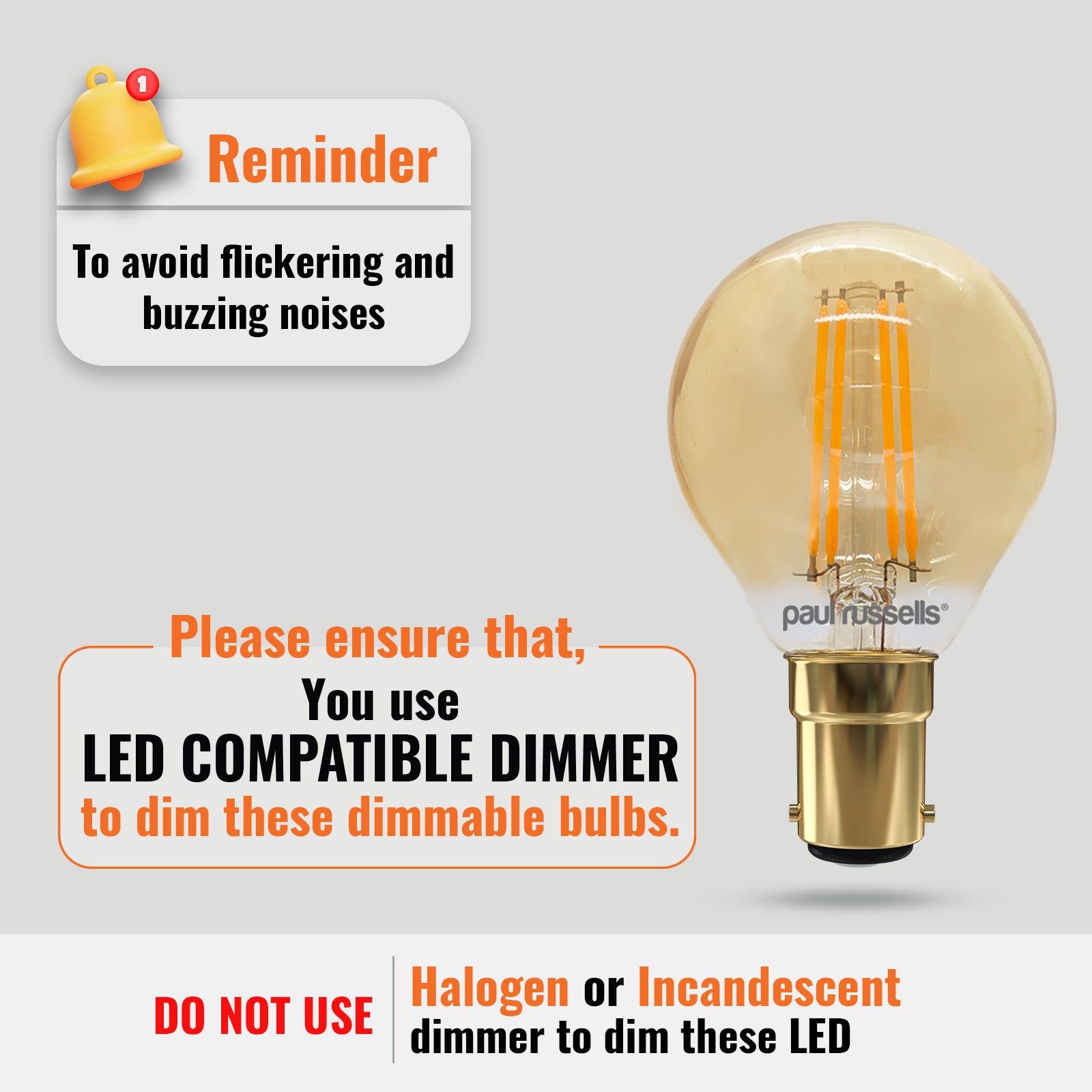 LED Filament Dimmable Golf 4.5W (40w), SBC/B15, 470 Lumens, Extra Warm White(2200K), 240V