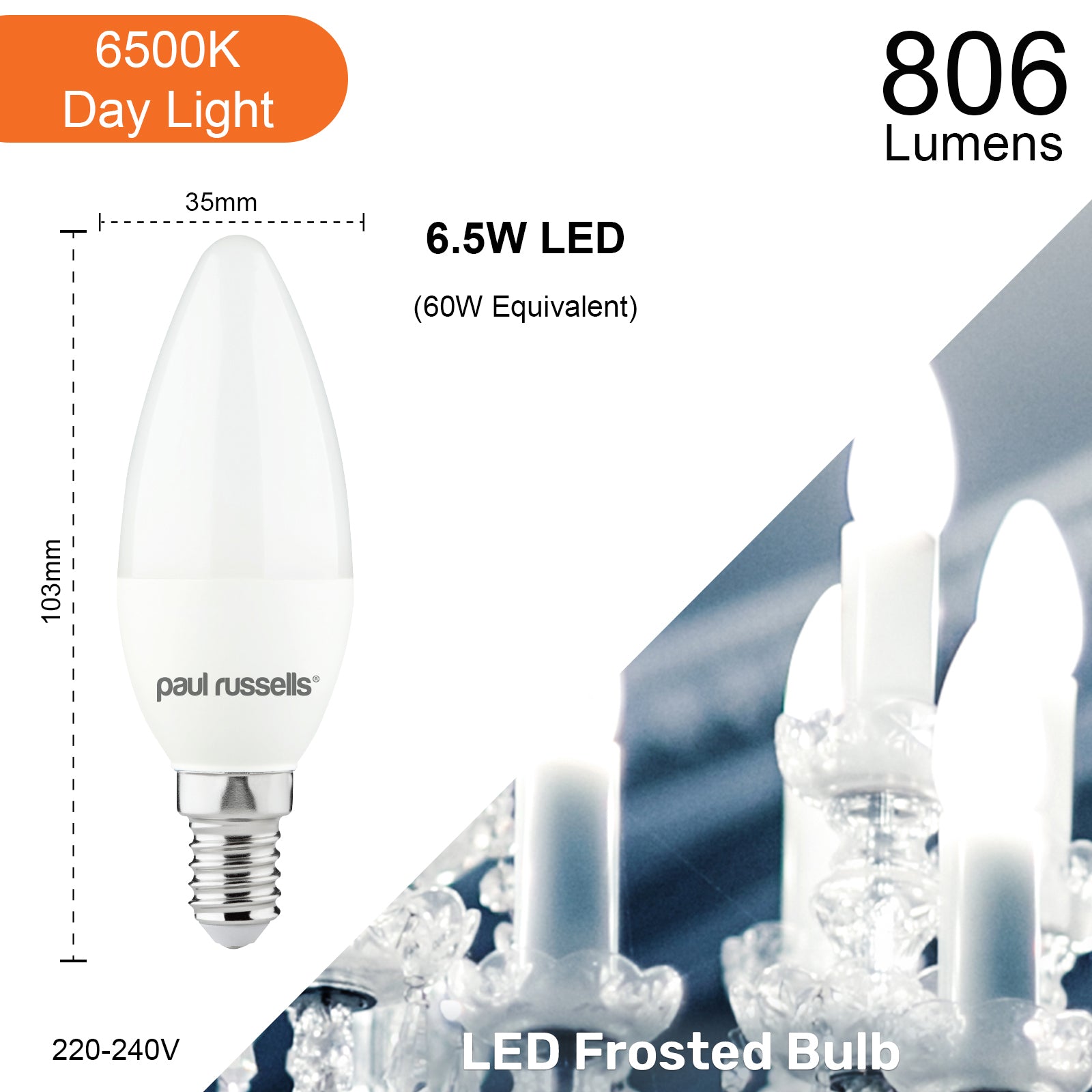 LED Candle 6.5W (60w), SES/E14, 806 Lumens, Day Light(6500K), 240V