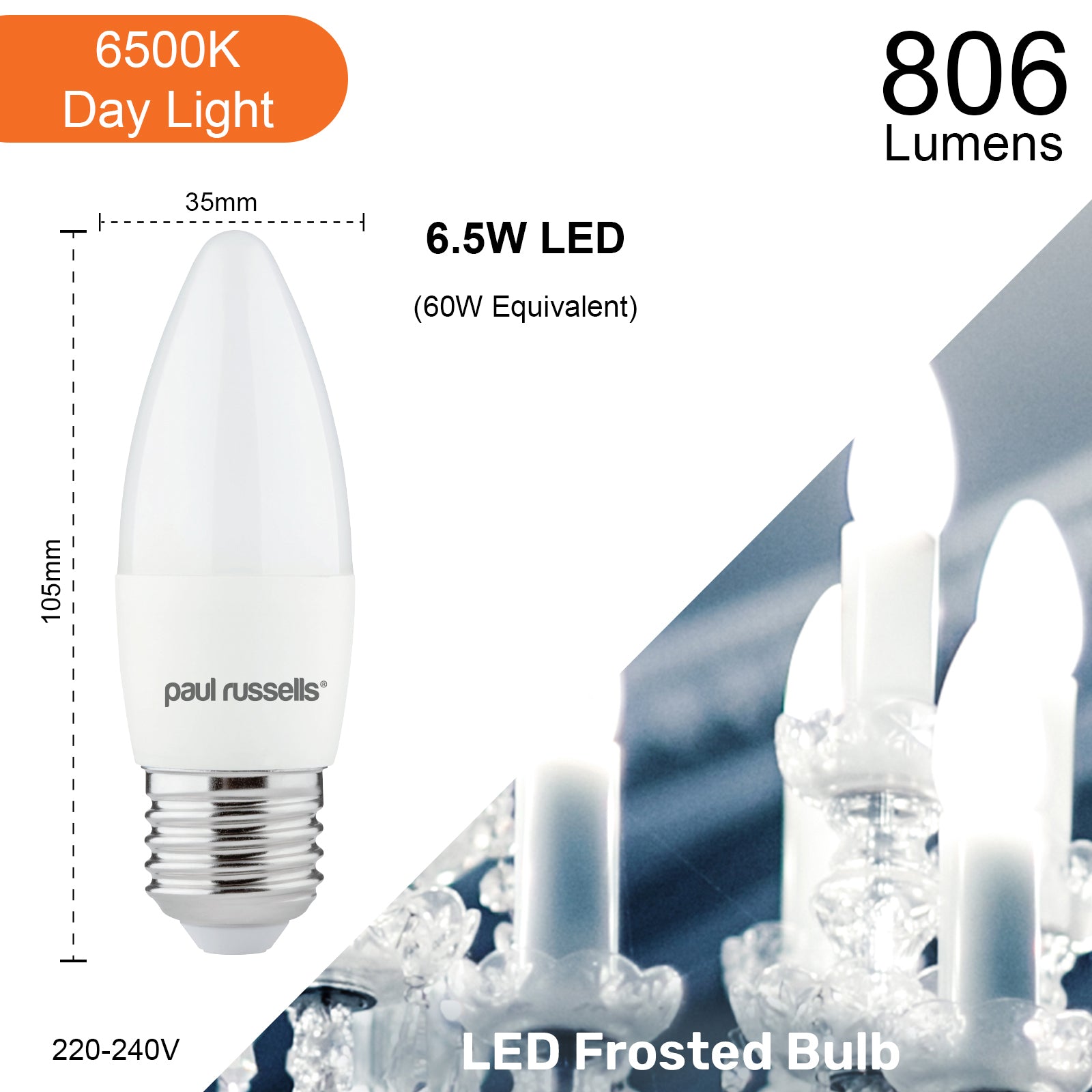 LED Candle 6.5W (60w), ES/E27, 806 Lumens, Day Light(6500K), 240V