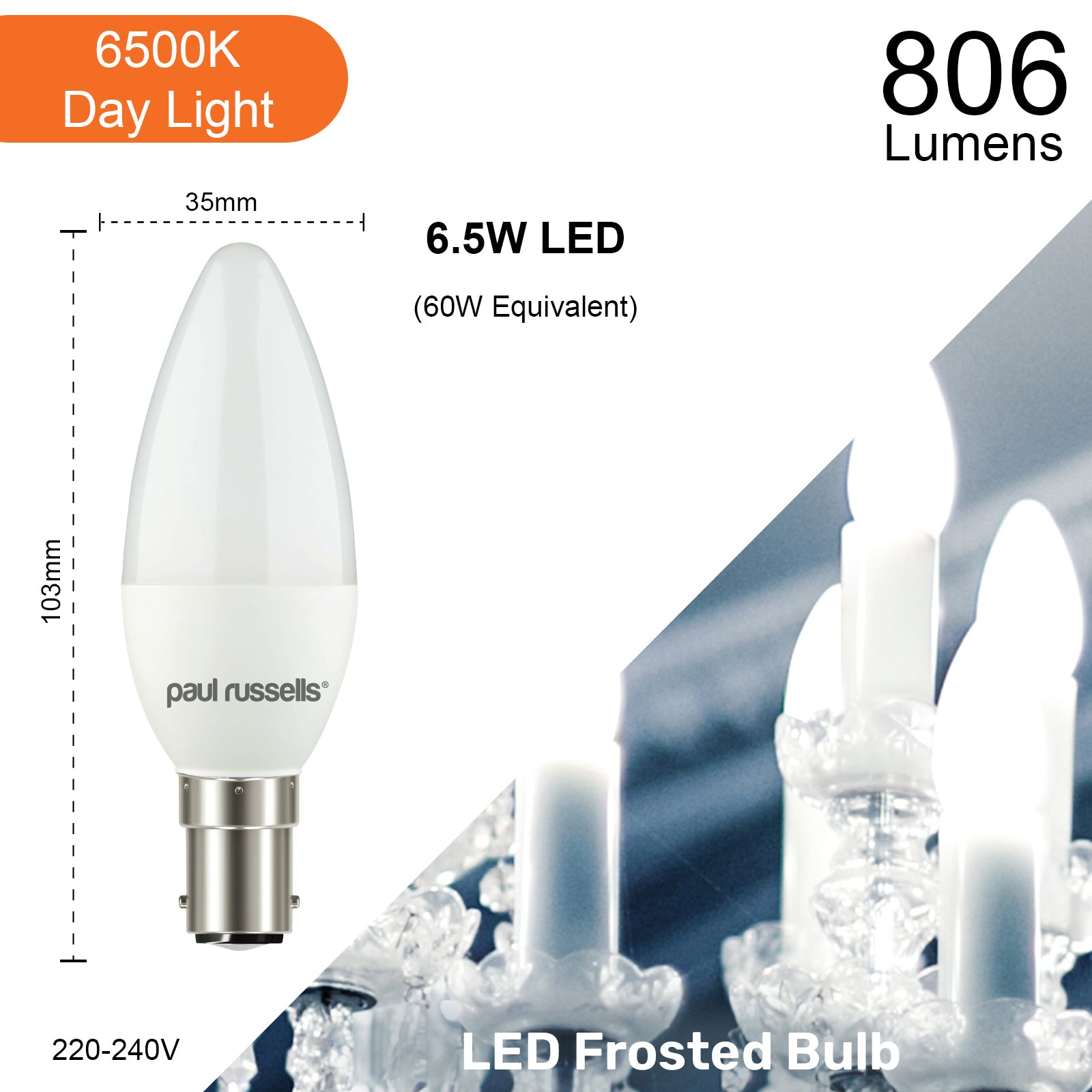 LED Candle 6.5W (60w), SBC/B15, 806 Lumens, Day Light(6500K), 240V