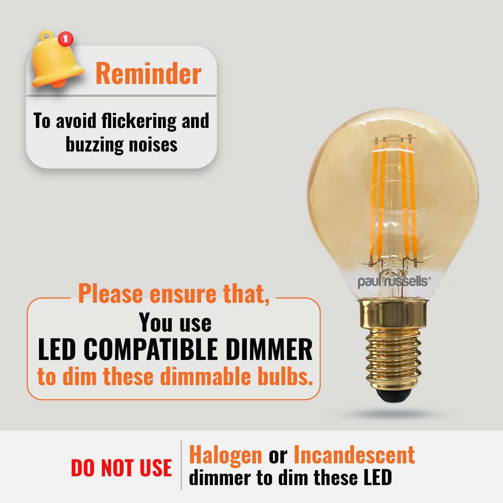 LED Filament Dimmable Golf 4.5W (40w), SES/E14, 470 Lumens, Extra Warm White(2200K), 240V