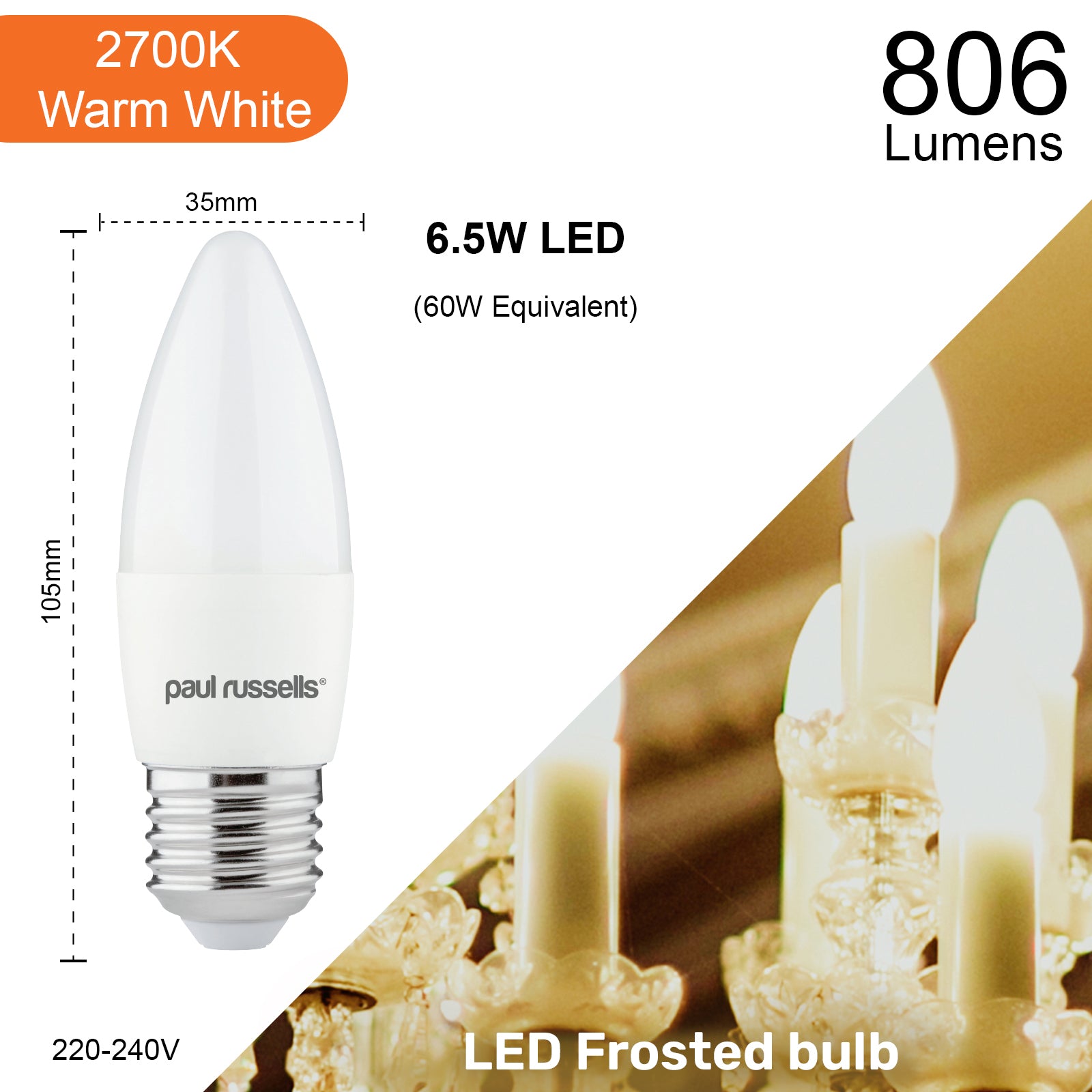 LED Candle 6.5W (60w), ES/E27, 806 Lumens, Warm White(3000K), 240V