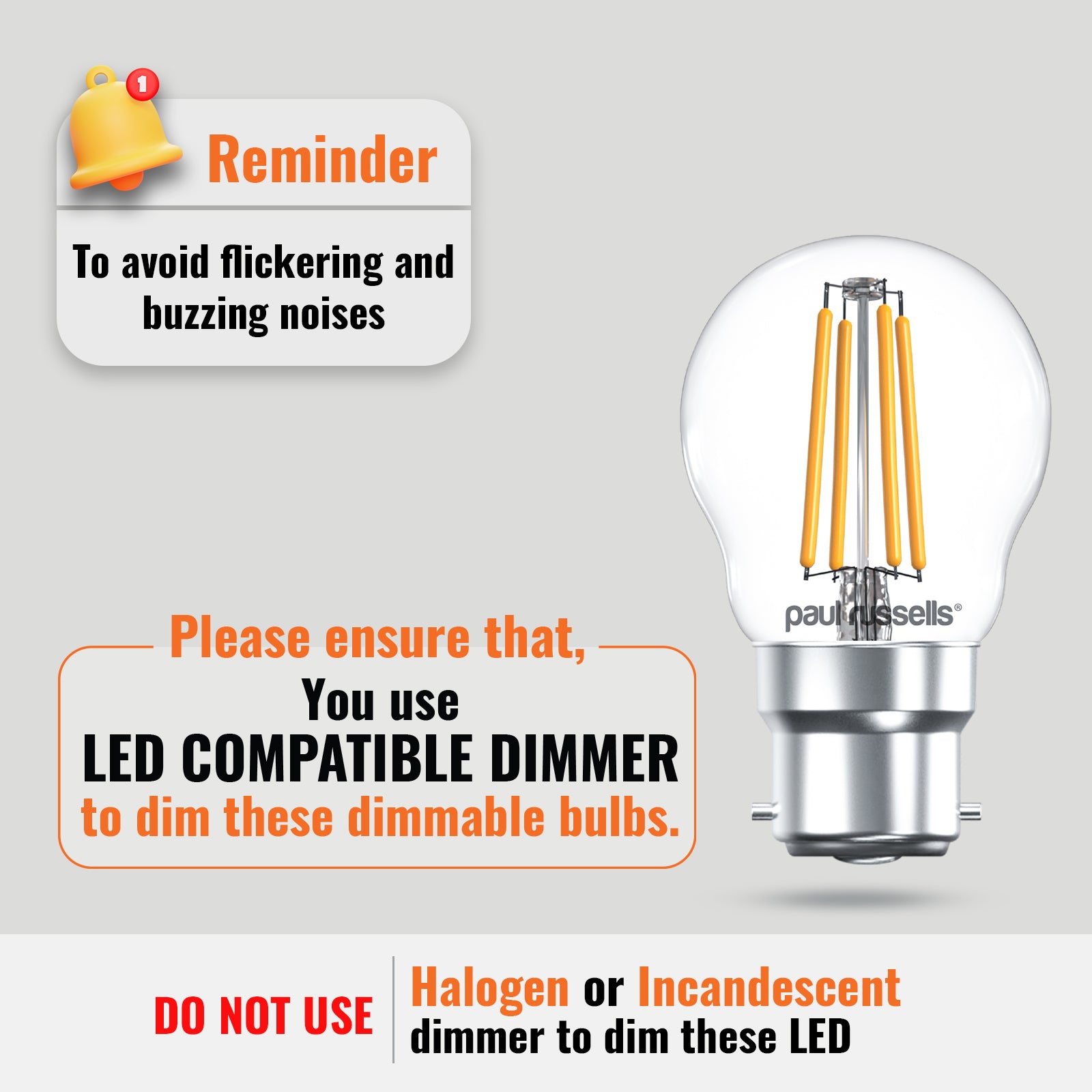 LED Filament Dimmable Golf 4.5W (40w), BC/B22, 470 Lumens, Warm White (2700K), 240V