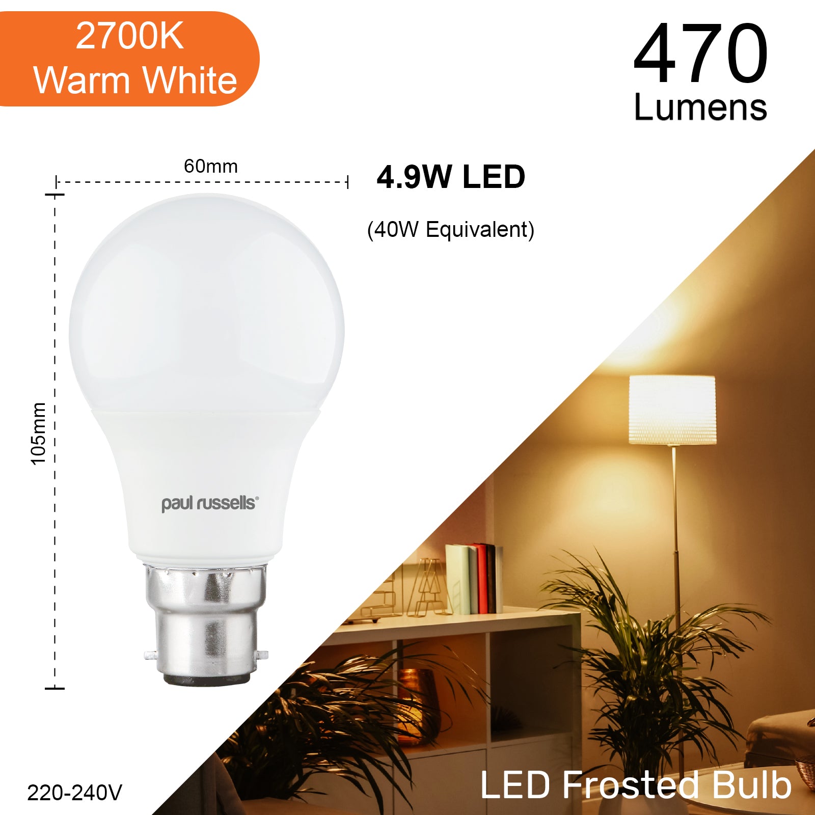 LED GLS 4.9W (40w), BC/B22, 470 Lumens, Warm White(2700K), 240V