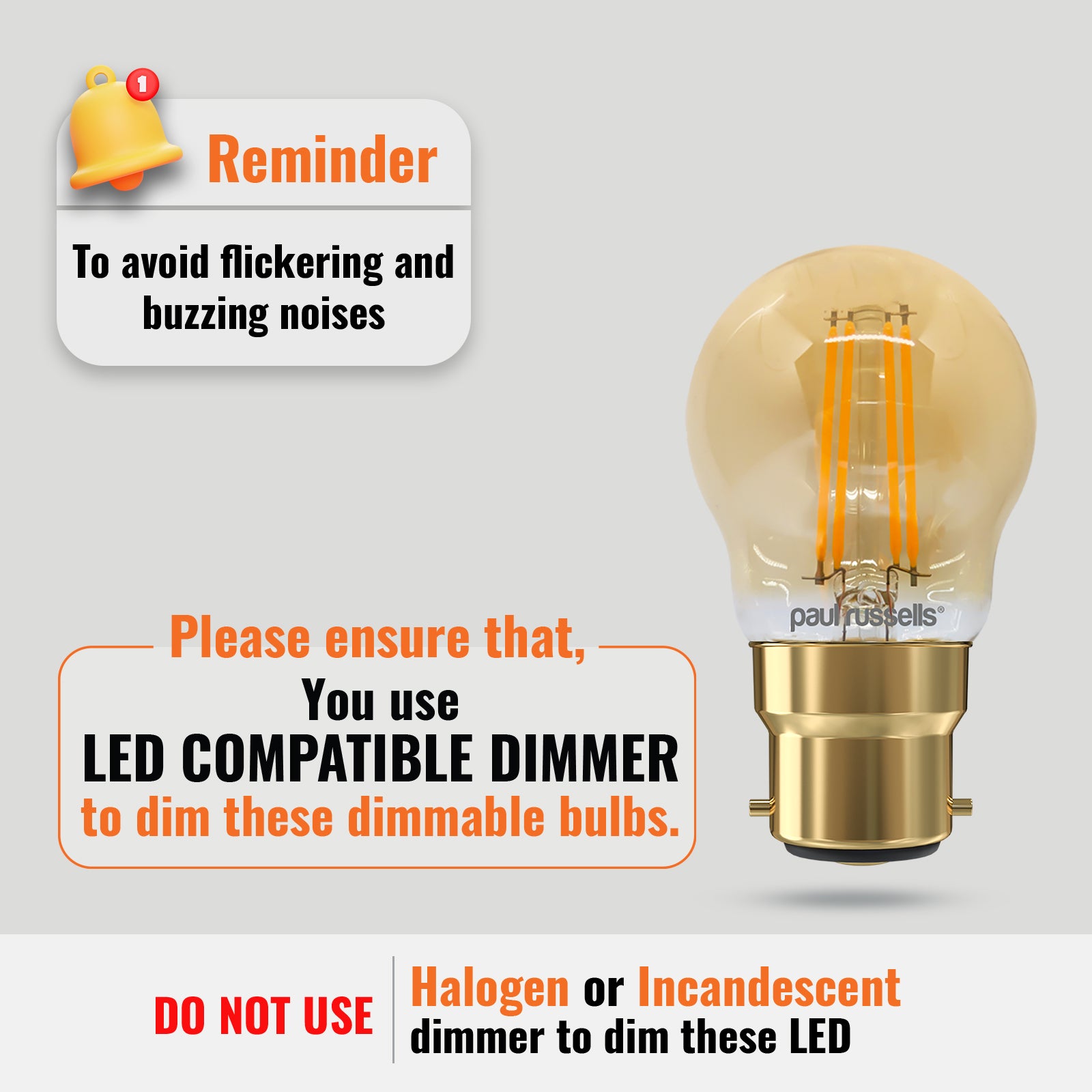 LED Filament Dimmable Golf 4.5W (40w), BC/B22, 470 Lumens, Extra Warm White(2200K), 240V