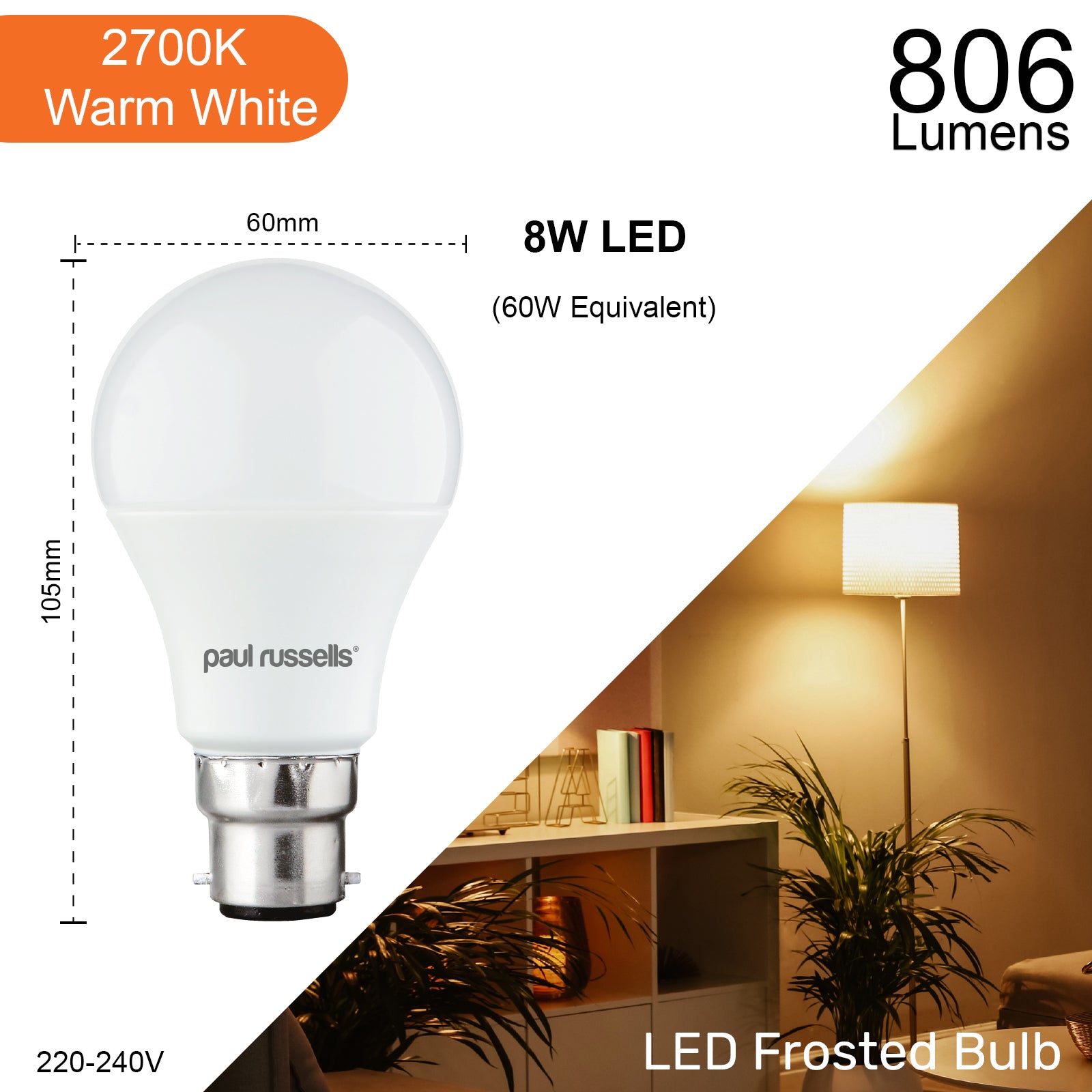 LED GLS 8W (60w), BC/B22, 806 Lumens, Warm White(2700K), 240V