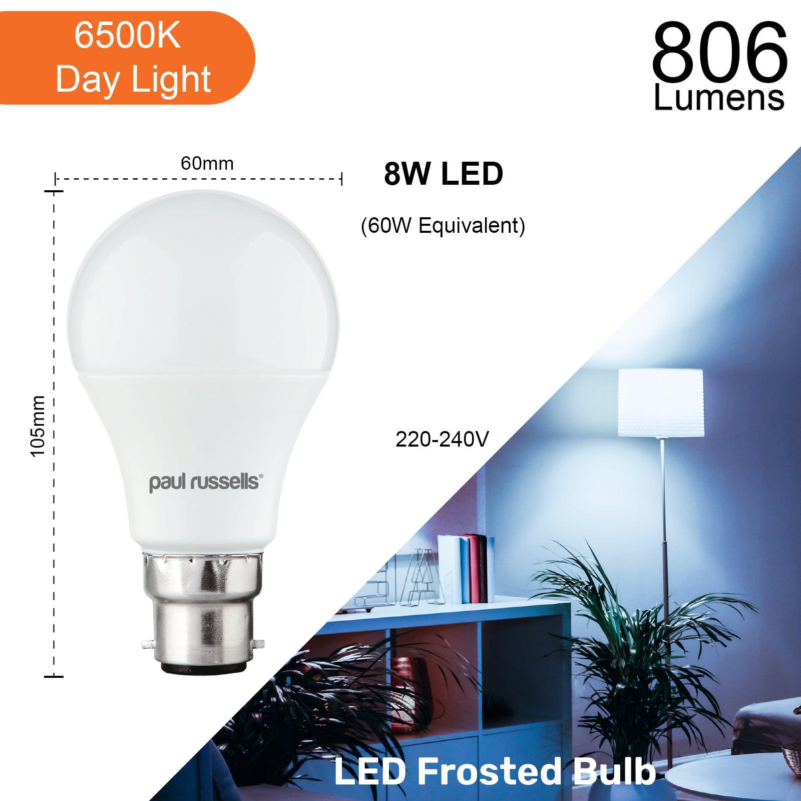 LED GLS 8W (60w), BC/B22, 806 Lumens, Day Light(6500K), 240V