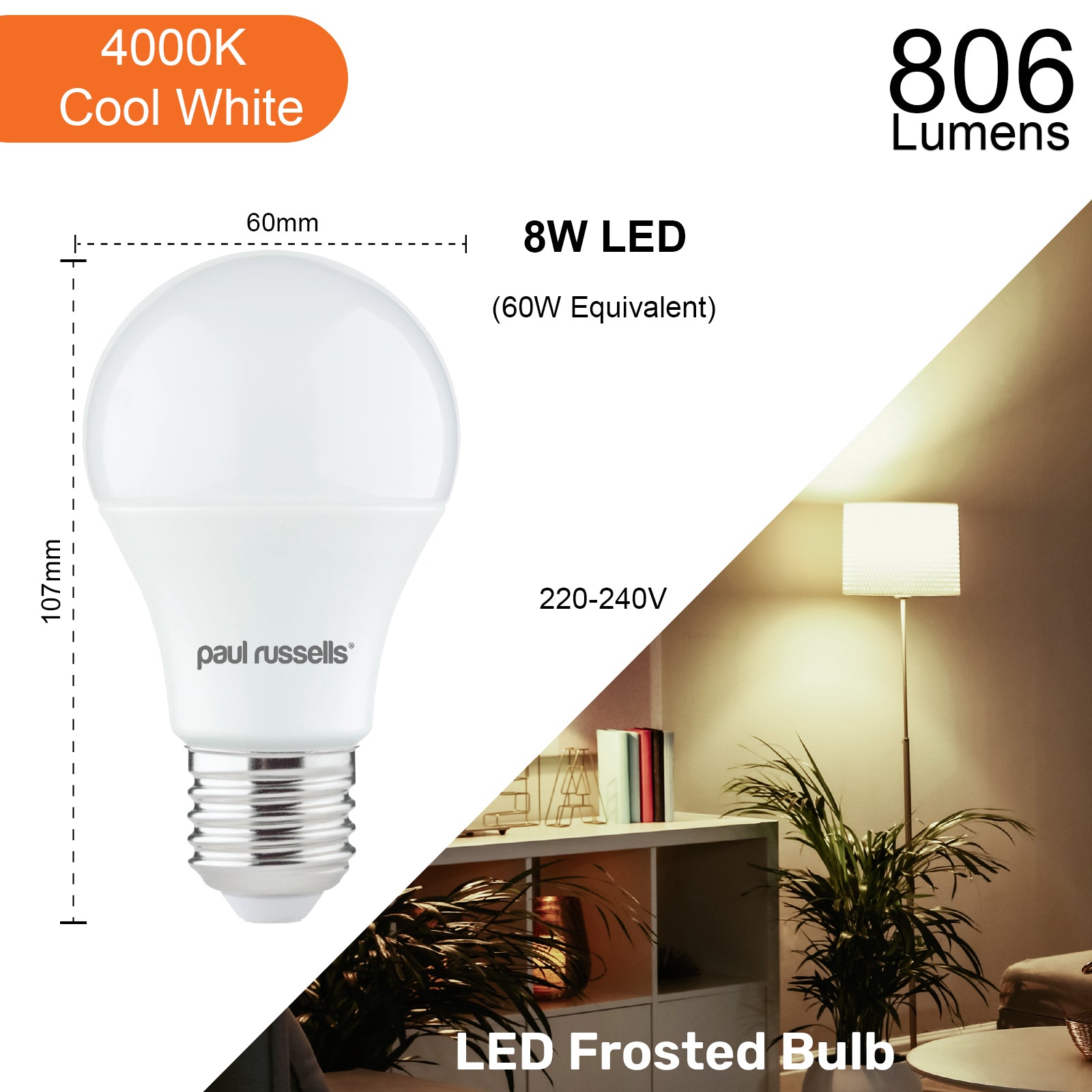 LED GLS 8W (60w), ES/E27, 806 Lumens, Cool White(4000K), 240V