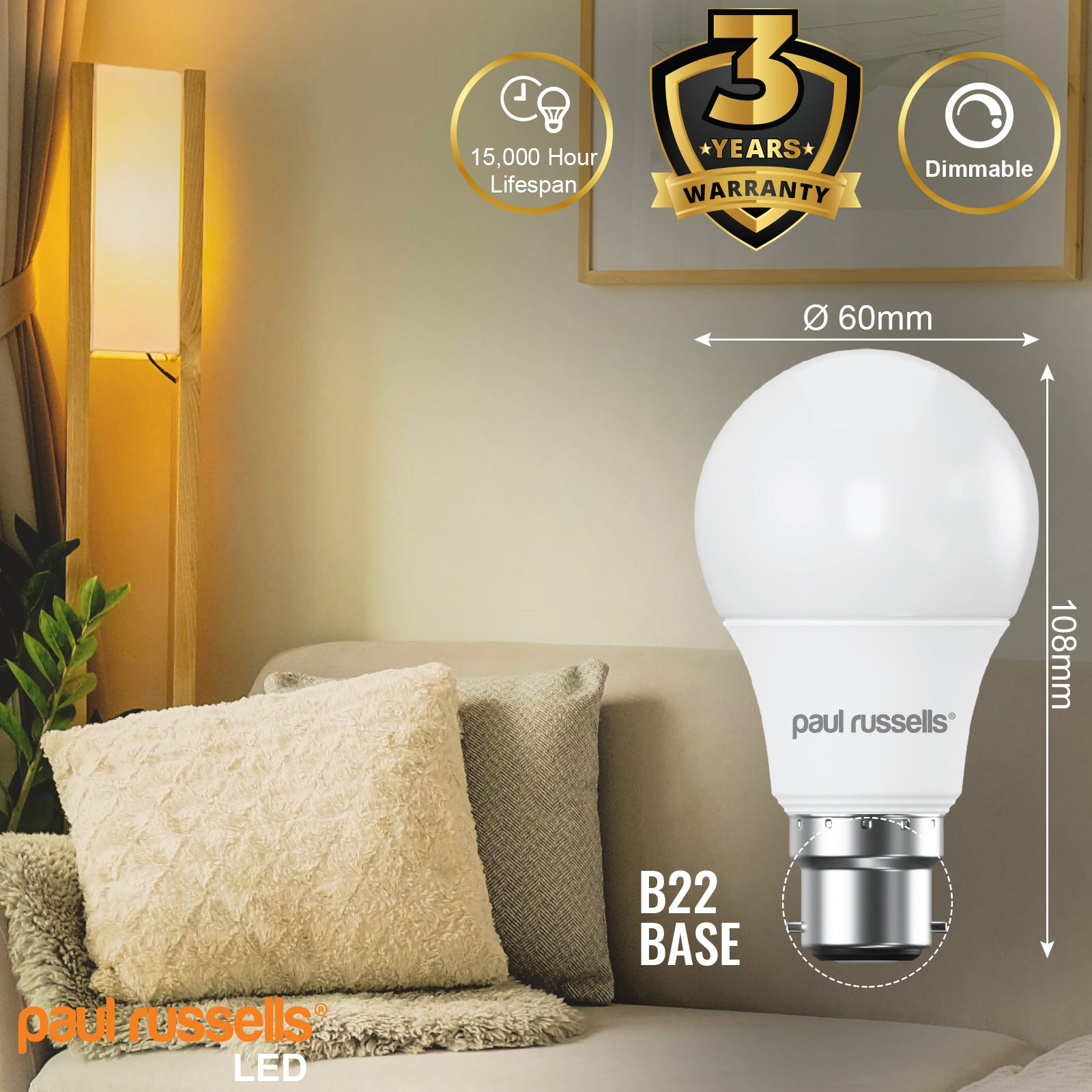 LED Dimmable GLS 8.5W (60w), BC/B22, 806 Lumens, Warm White(2700K), 240V