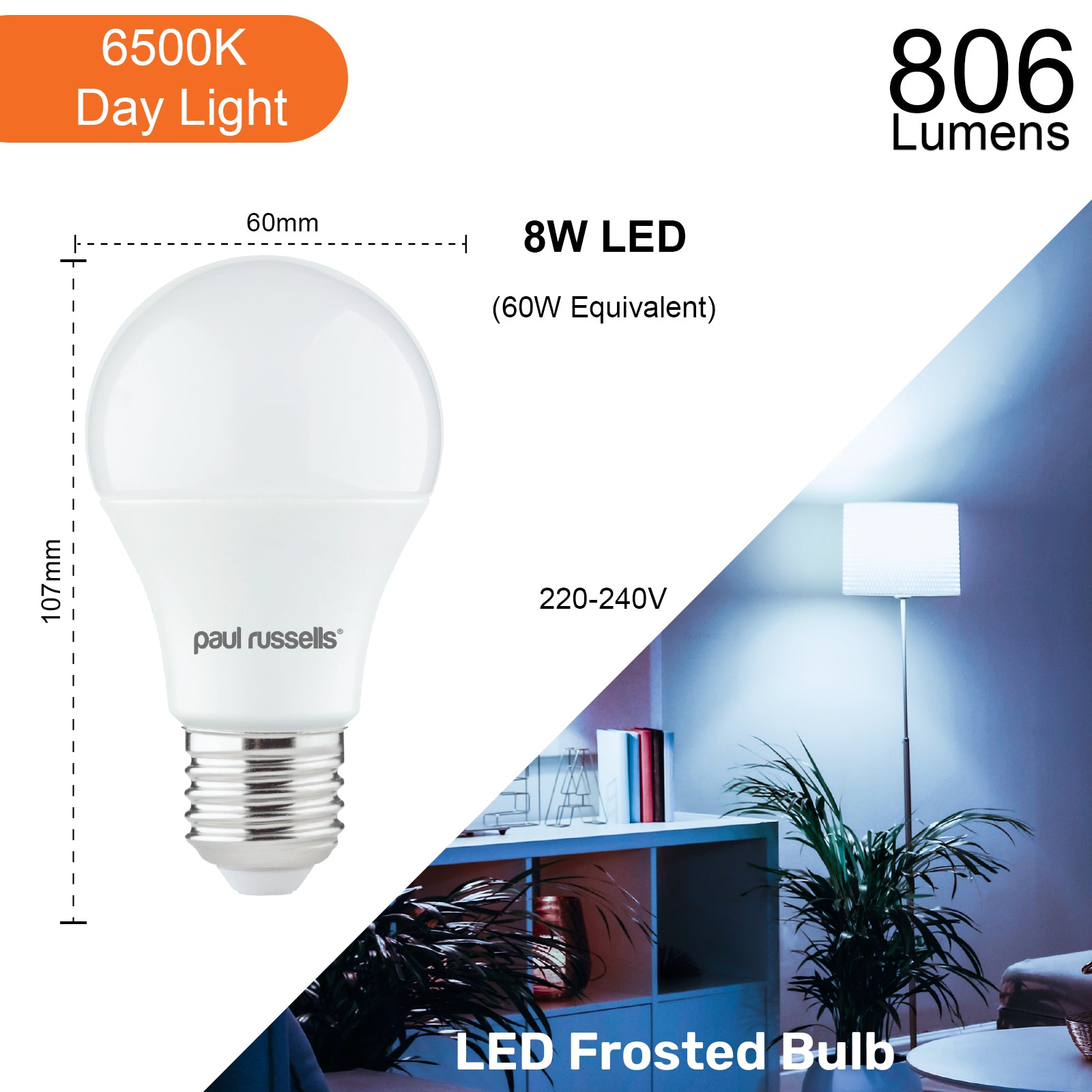 LED GLS 8W (60w), ES/E27, 806 Lumens, Day Light(6500K), 240V