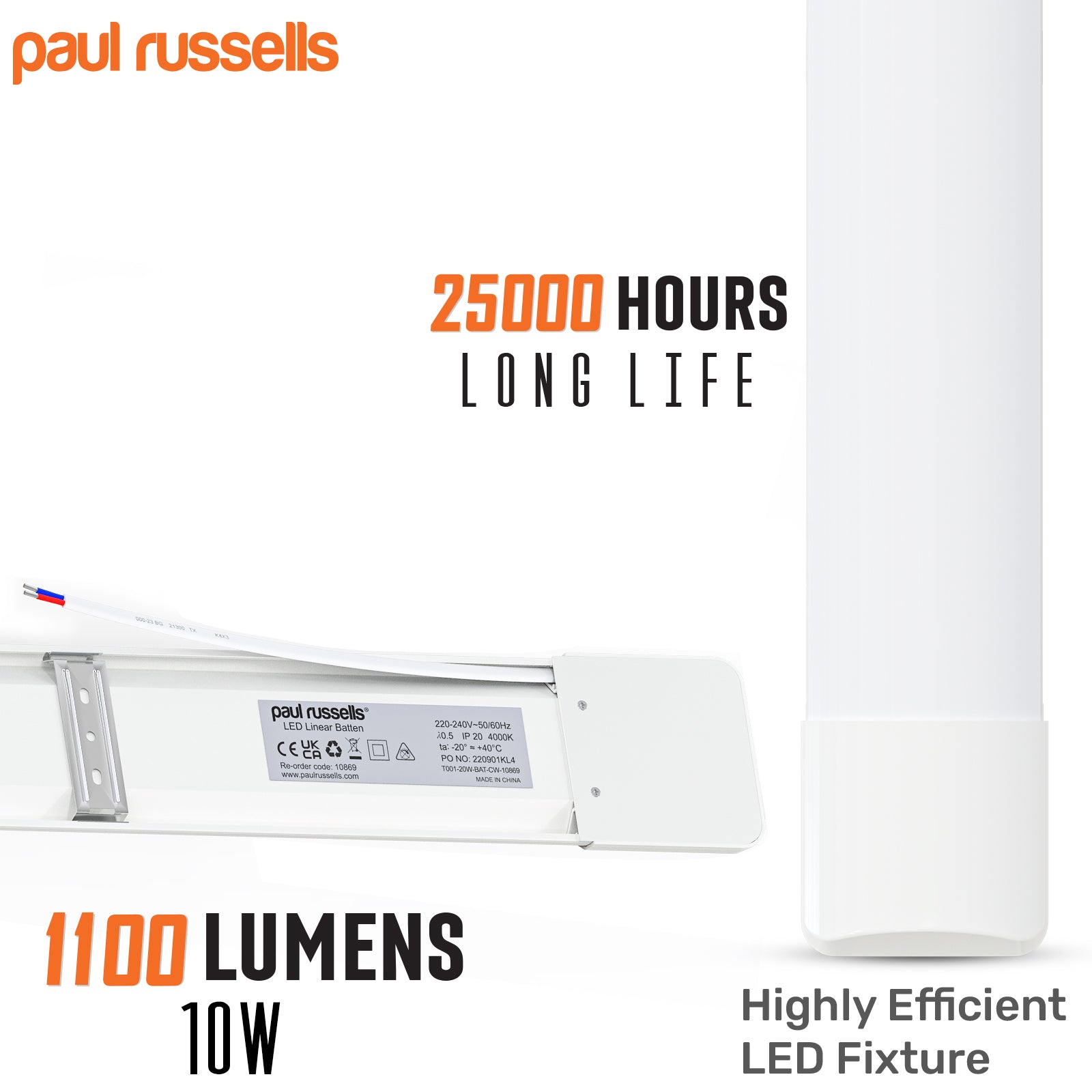 10W LED Batten Light, 1ft Ceiling Fitting Tube Light, 1100 Lumen, 4000K Cool White, Fluorescent Lighting Replacement