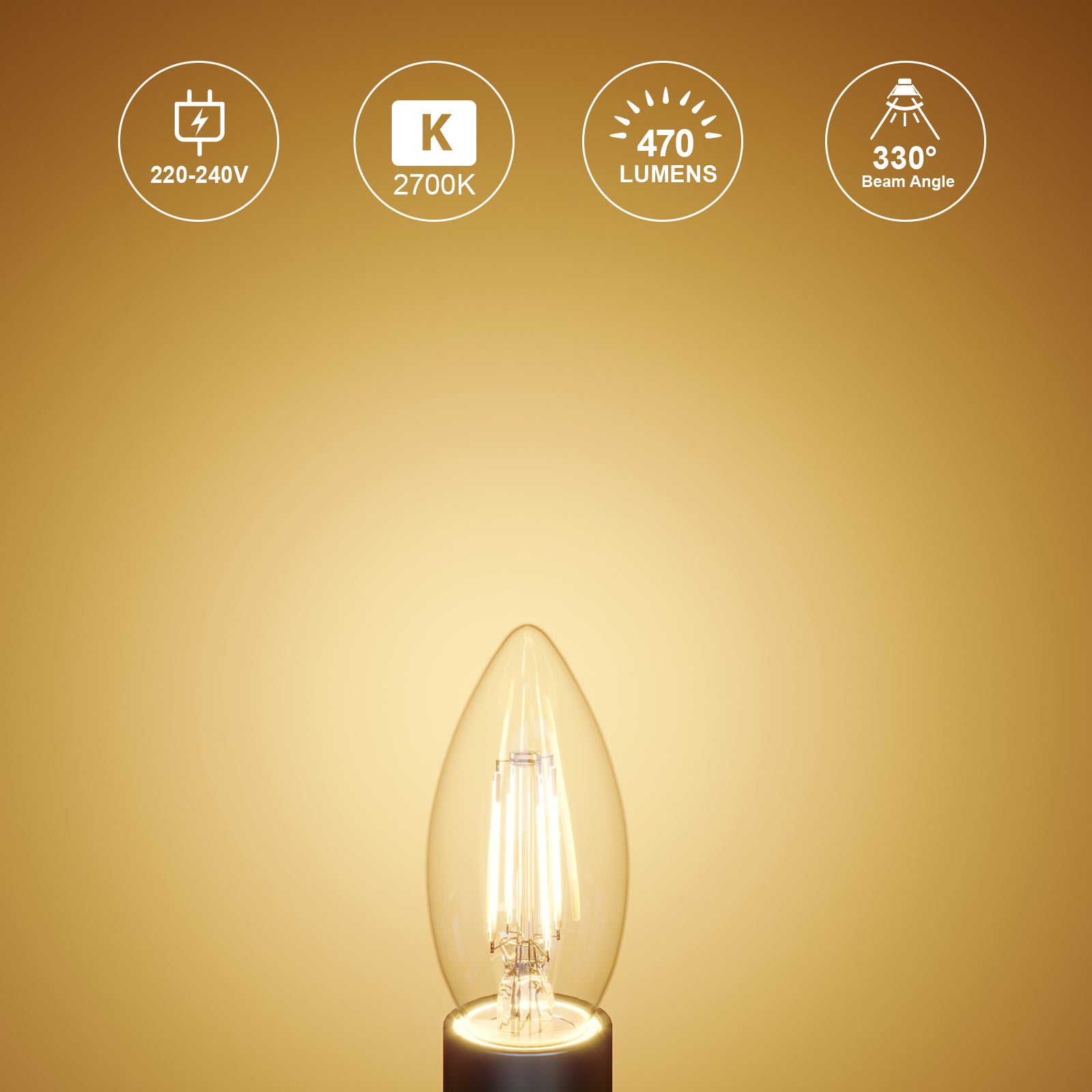 LED Filament Candle 4.5W (40w), SBC/B15, 470 Lumens, Warm White(2700K), 240V