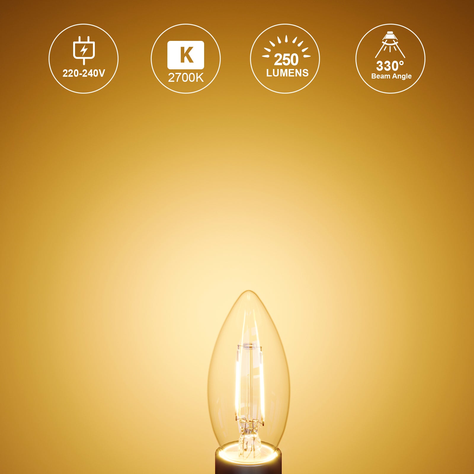 LED Filament Candle 2.5W (25w), ES/E27, 250 Lumens, Warm White(2700K), 240V