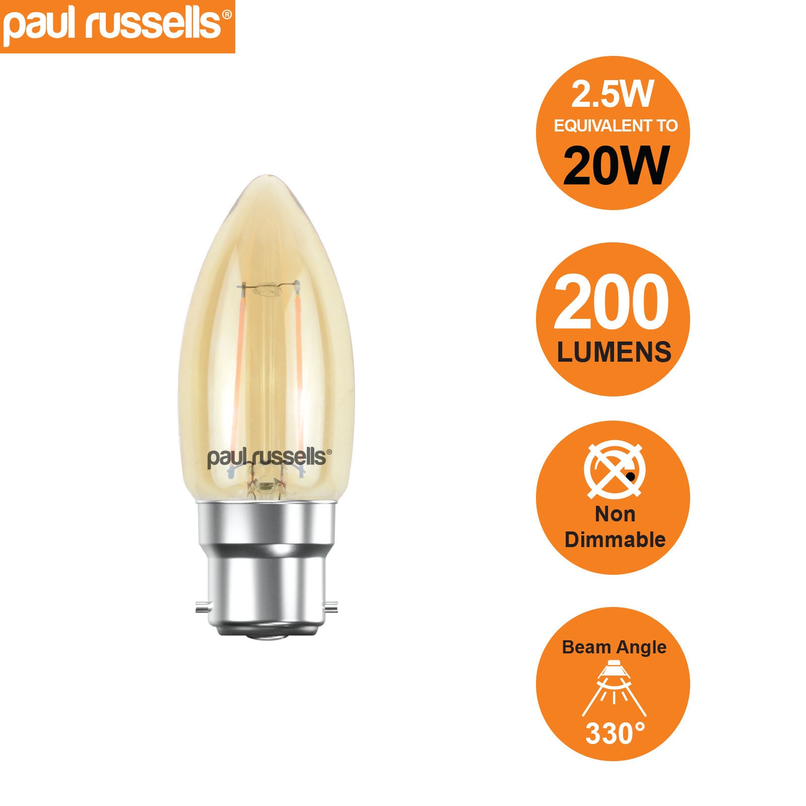 LED Filament Candle 2.5W (20w), BC/B22, 200 Lumens, Extra Warm White(2200K), 240V
