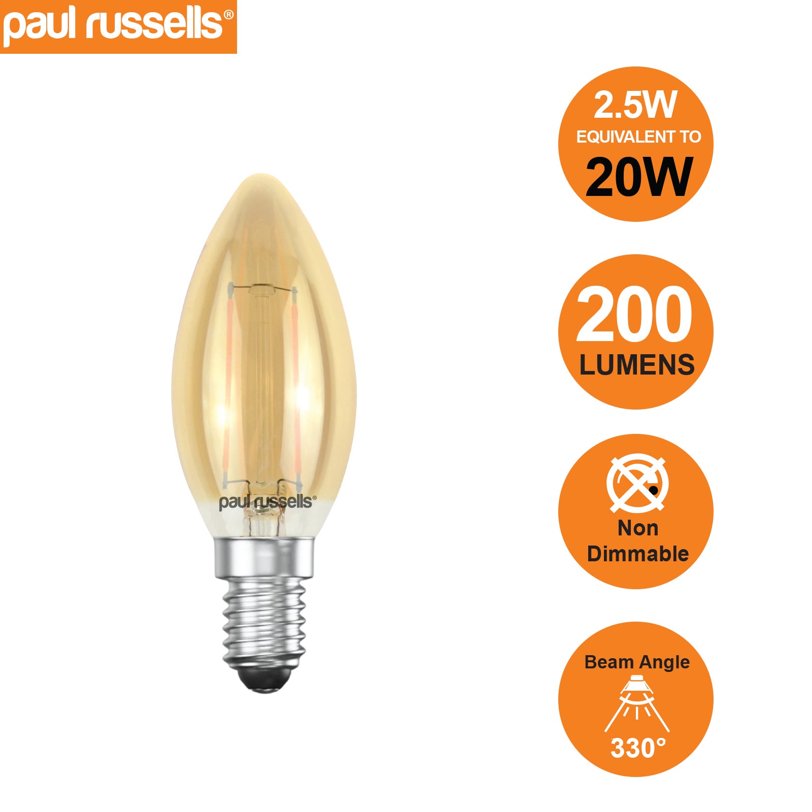 LED Filament Candle 2.5W (20w), SES/E14, 200 Lumens, Extra Warm White(2200K), 240V