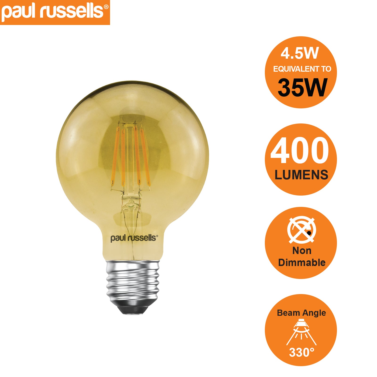 LED Filament G80 4.5W (35w), ES/E27, 400 Lumens, Extra Warm White(2200K), 240V
