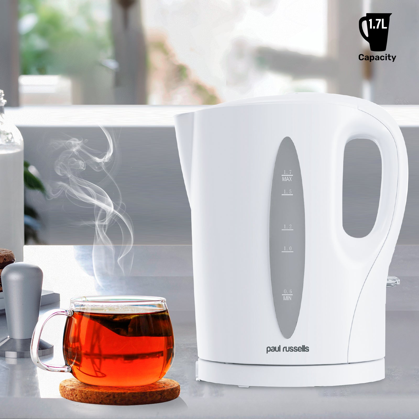 Paul Russells White Plastic Kettle - 1.7L Capacity, Perfect for 7 Cups, Family Size, Clear Water Window, LED Indicator, 2200w Quite boil, Sleek and Simple, Boil Dry Protection, Cord-free Serving.