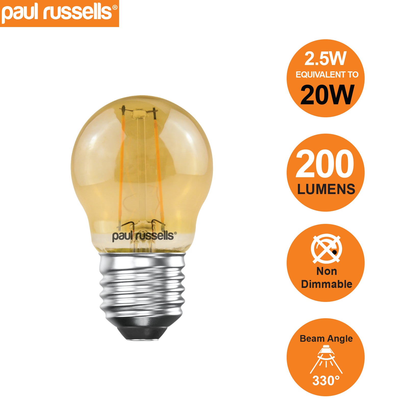 LED Filament Golf 2.5W (20w), ES/E27, 200 Lumens, Extra Warm White(2200K), 240V